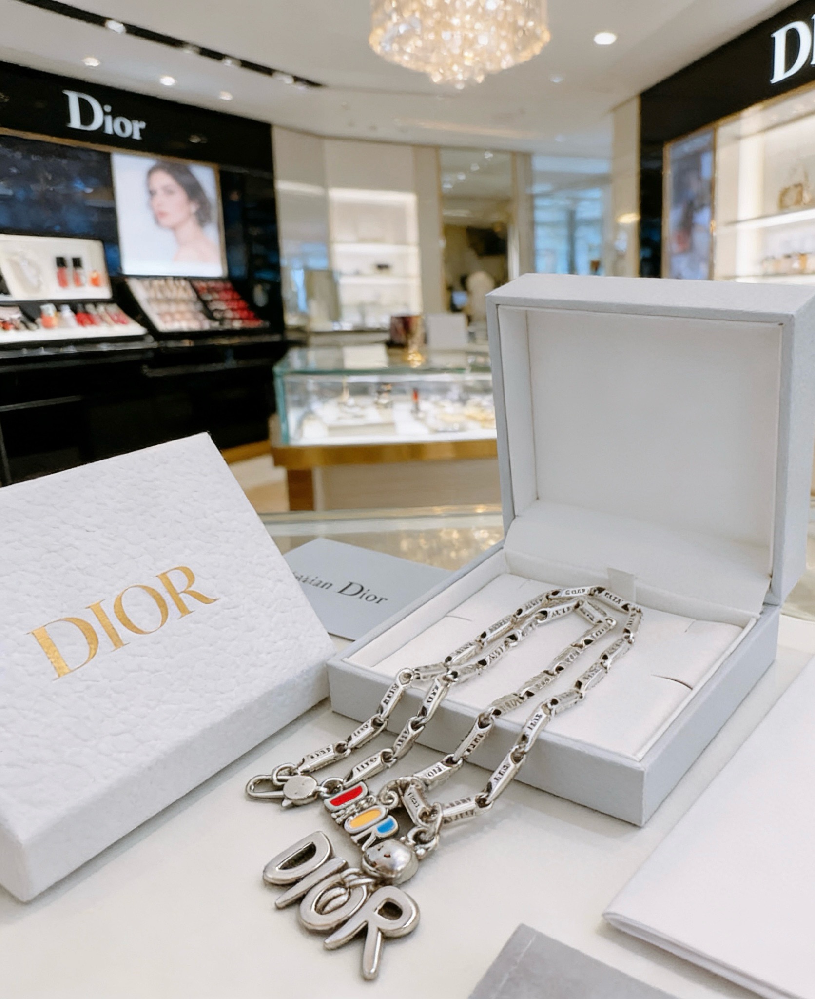 Dior DIOR Logo Charm Chain Necklace necklace Silver-toned metal with multicolor enamel accents 50cm