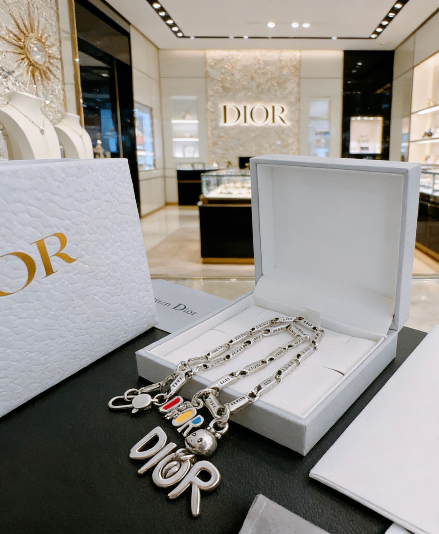 Dior DIOR Logo Charm Chain Necklace necklace Silver-toned metal with multicolor enamel accents 50cm