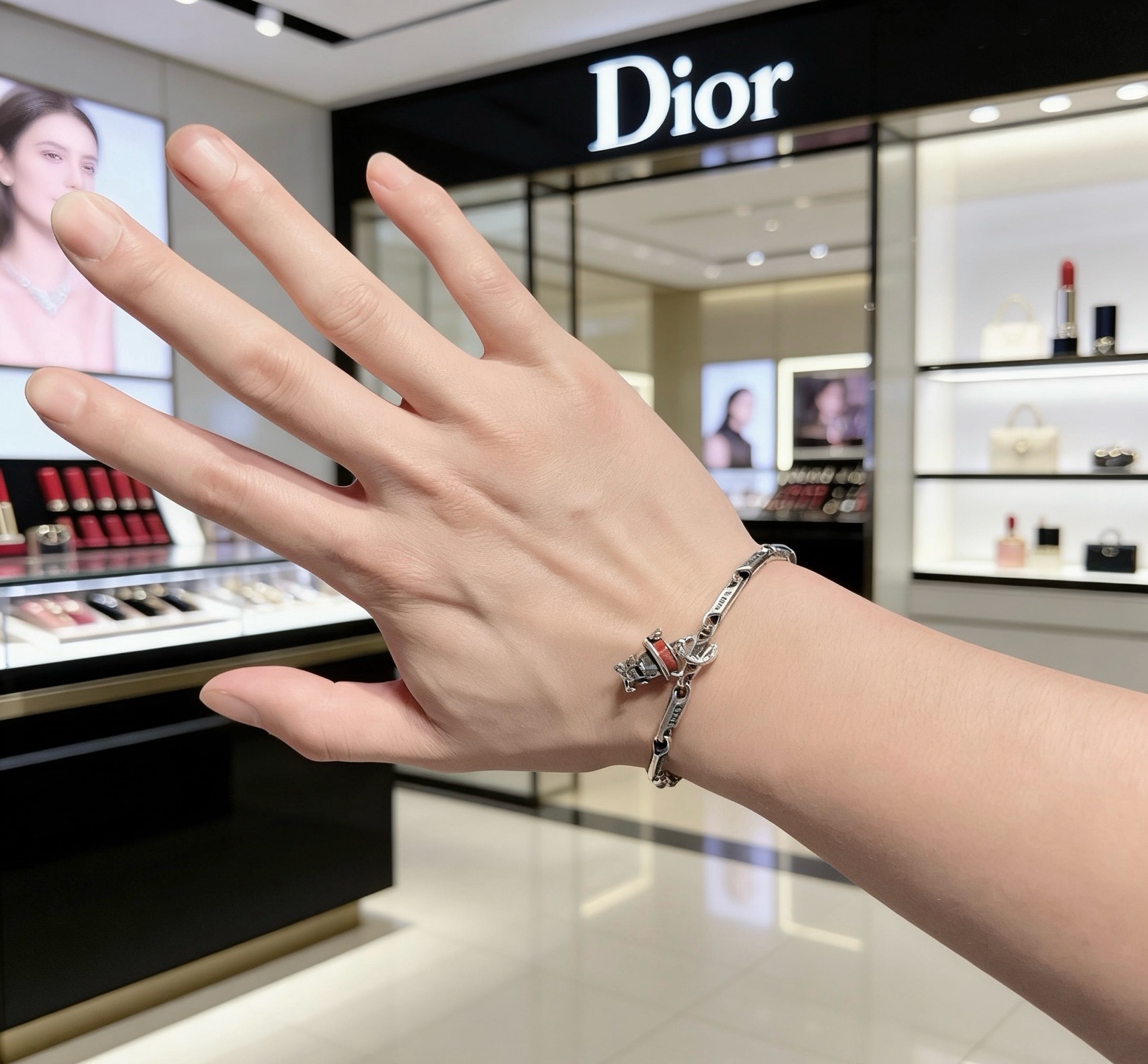 Dior DIOR x Otani Workshop Robot Charm Chain Bracelet bracelet silver-toned metal with red enamel accent 18cm with 3cm extender