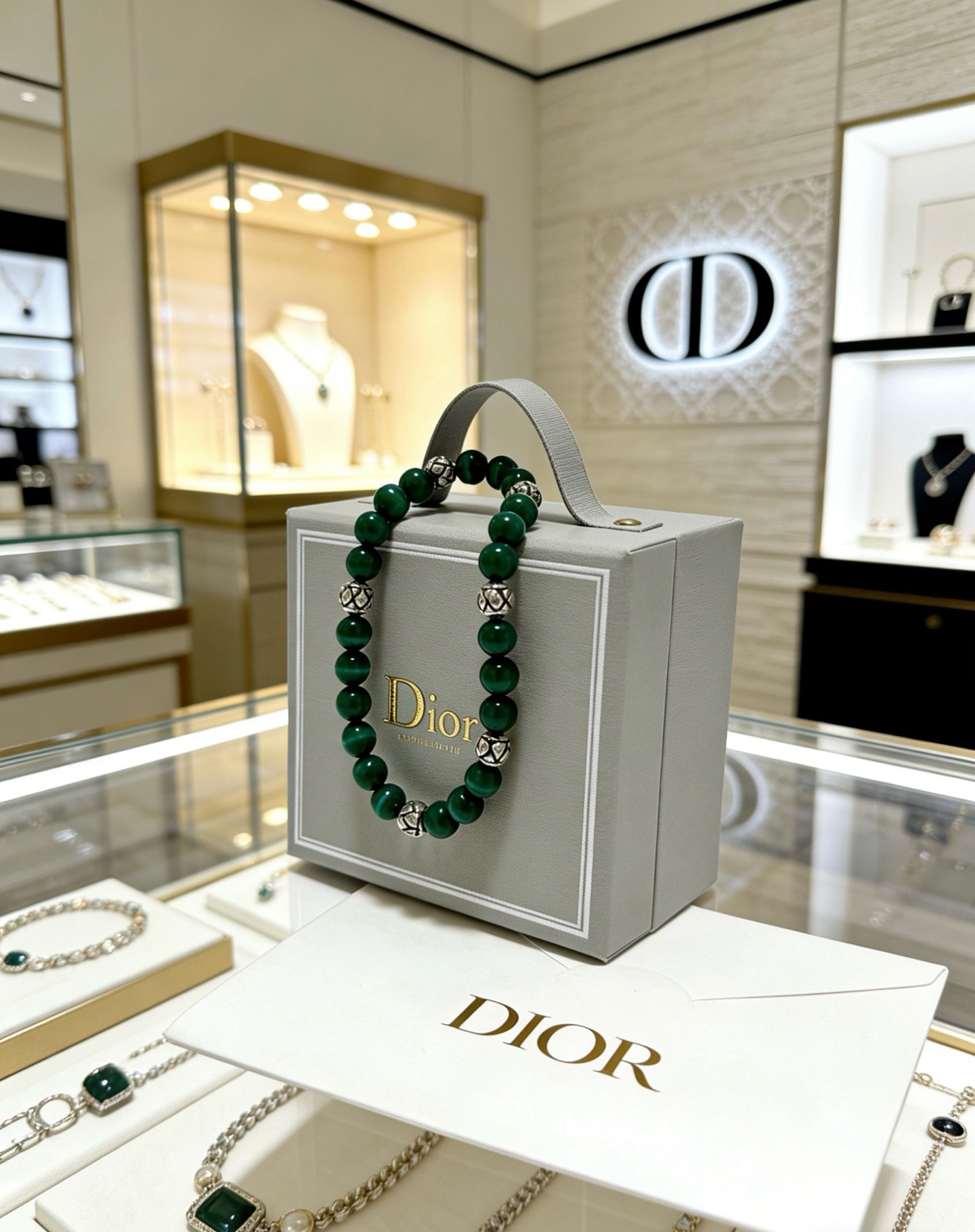 Dior Cannage Beaded Bracelet bracelet Silver-tone metal with deep green malachite beads 18cm