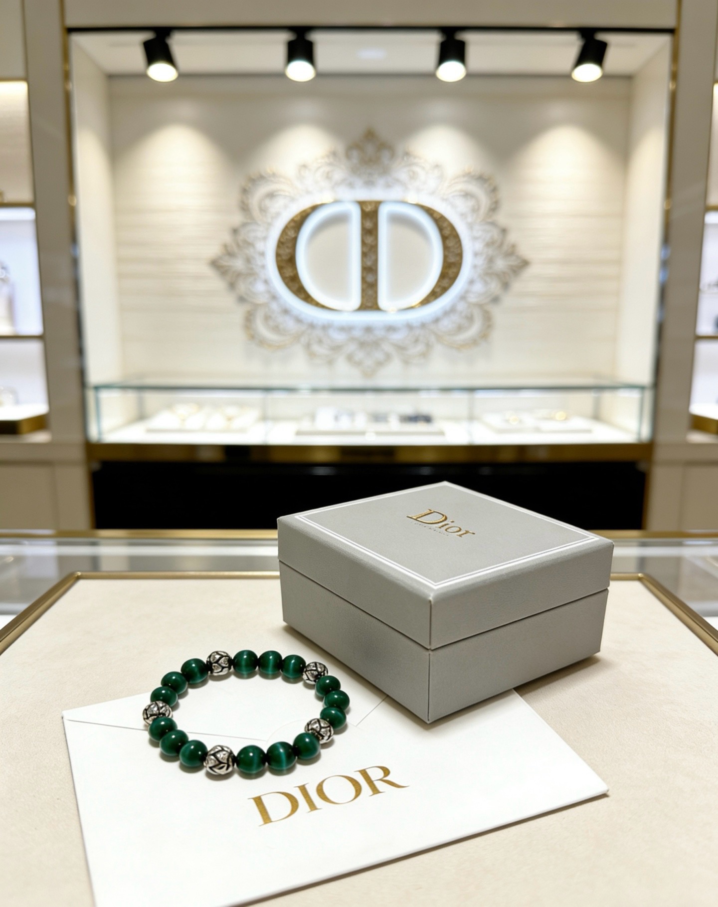 Dior Cannage Beaded Bracelet bracelet Silver-tone metal with deep green malachite beads 18cm