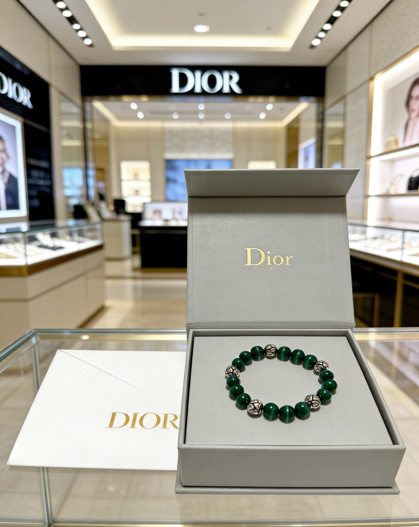 Dior Cannage Beaded Bracelet bracelet Silver-tone metal with deep green malachite beads 18cm
