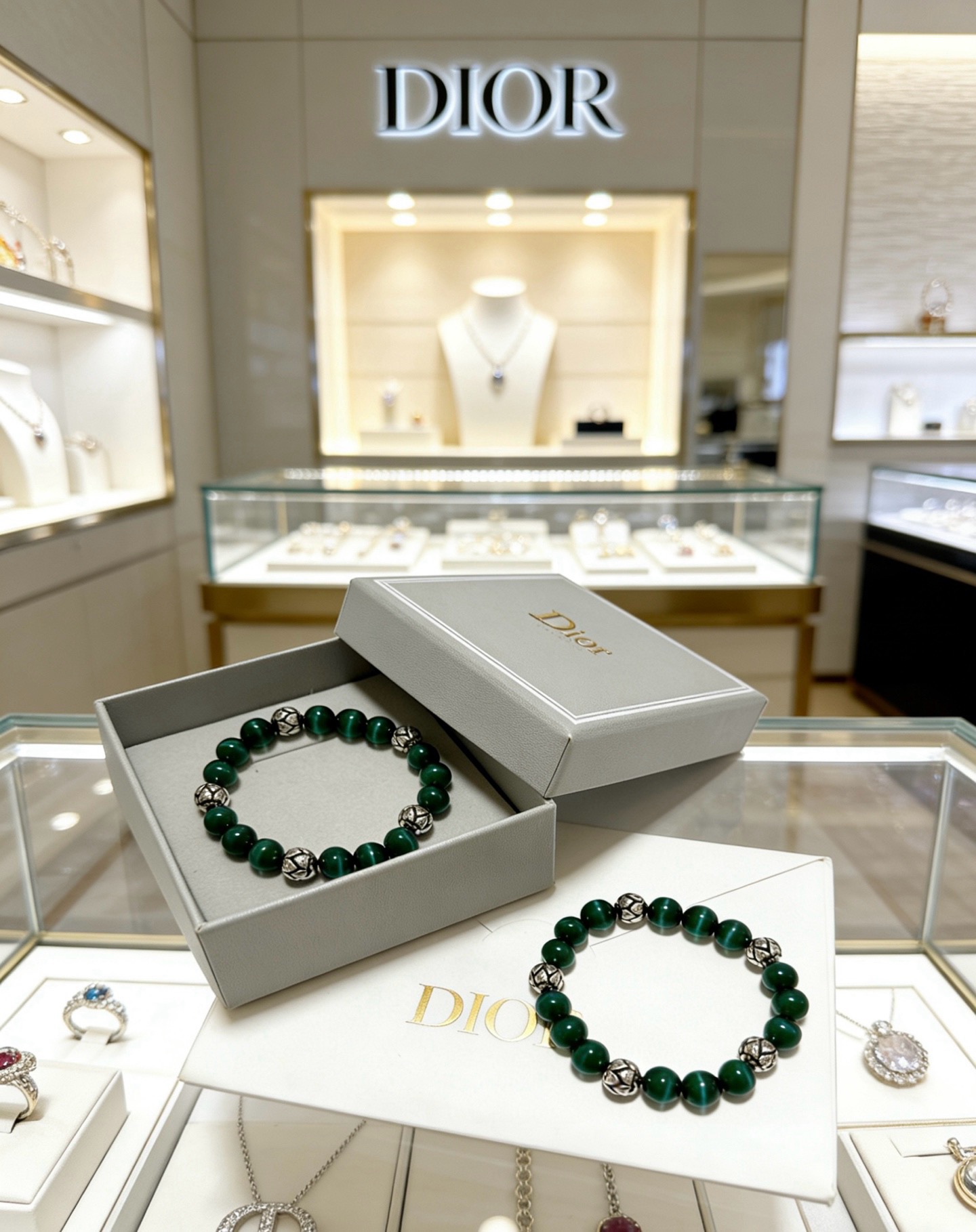 Dior Cannage Beaded Bracelet bracelet Silver-tone metal with deep green malachite beads 18cm