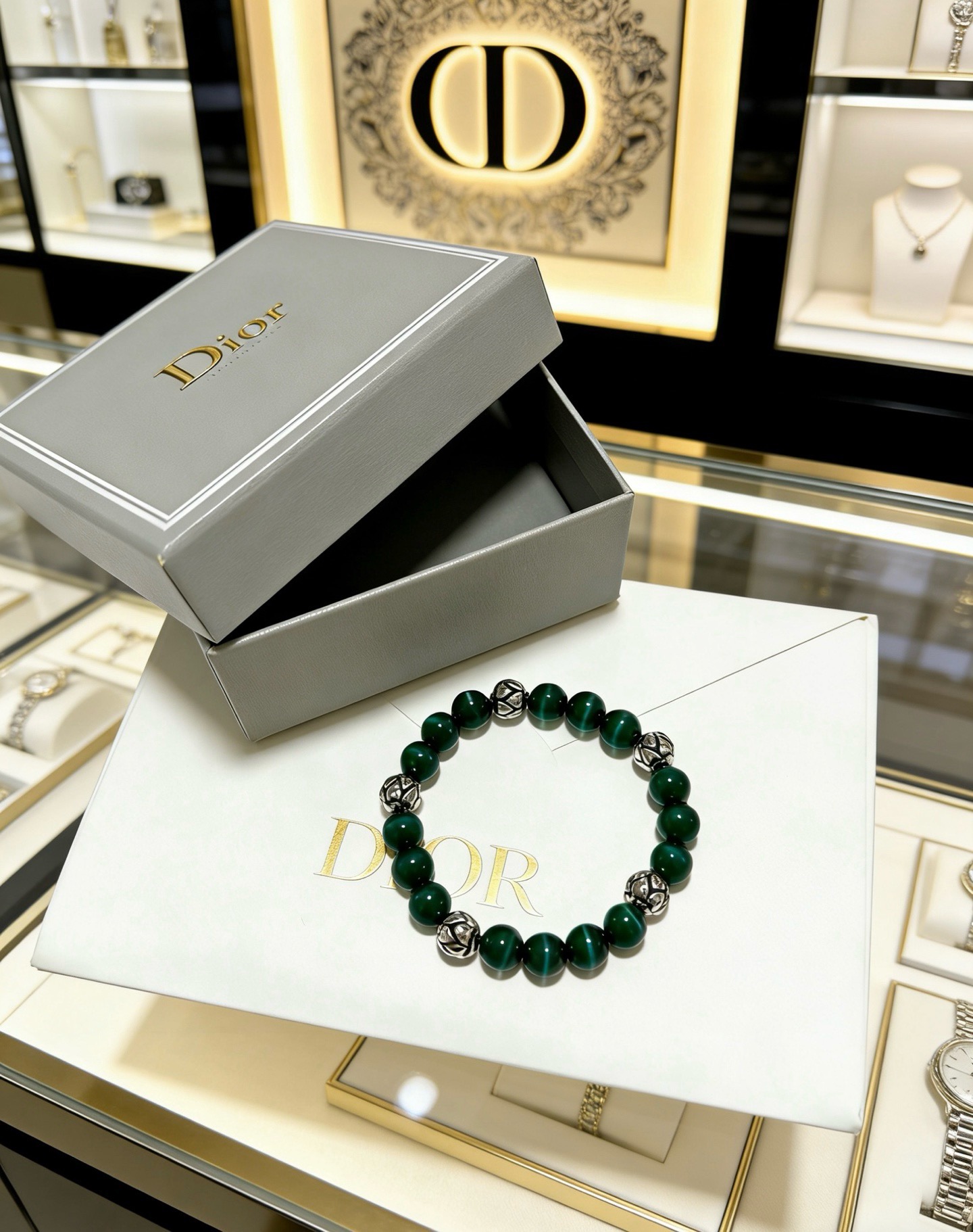 Dior Cannage Beaded Bracelet bracelet Silver-tone metal with deep green malachite beads 18cm