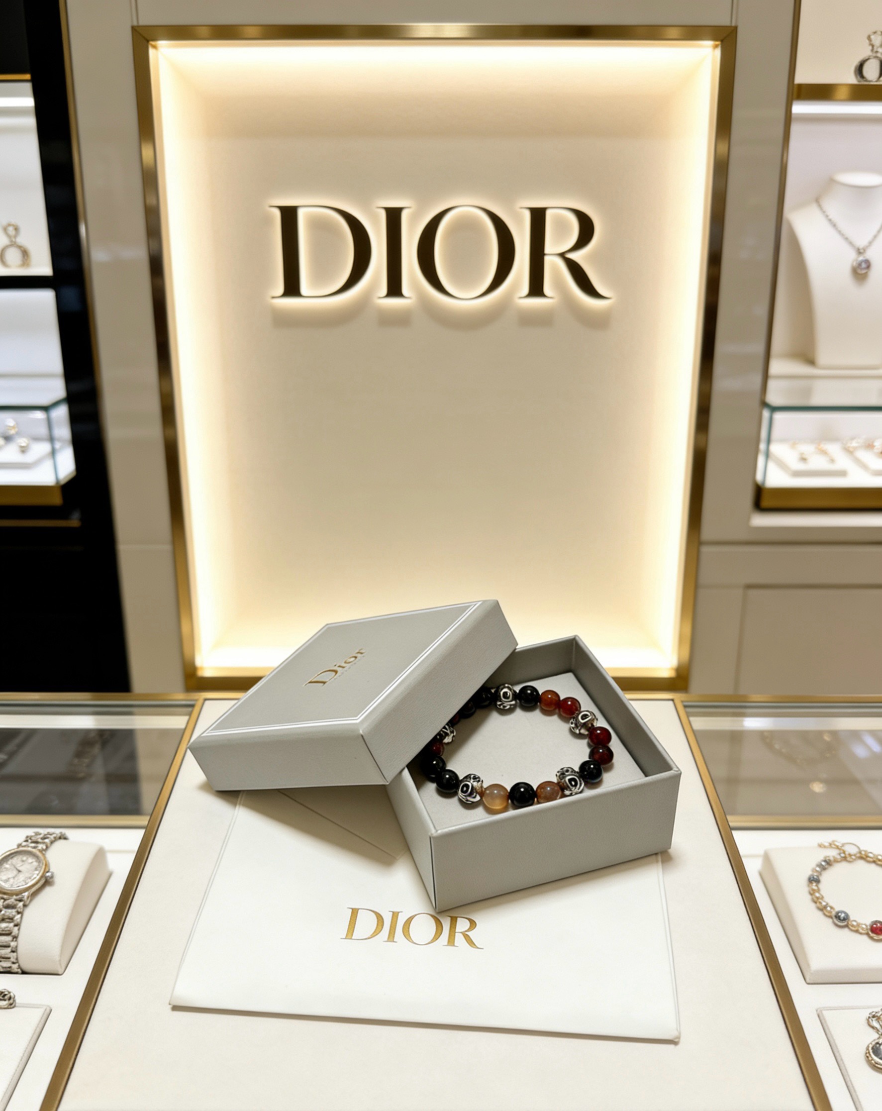 Dior Dior Oblique Beaded Bracelet bracelet Silver-tone metal with black onyx red carnelian and brown agate beads 19cm