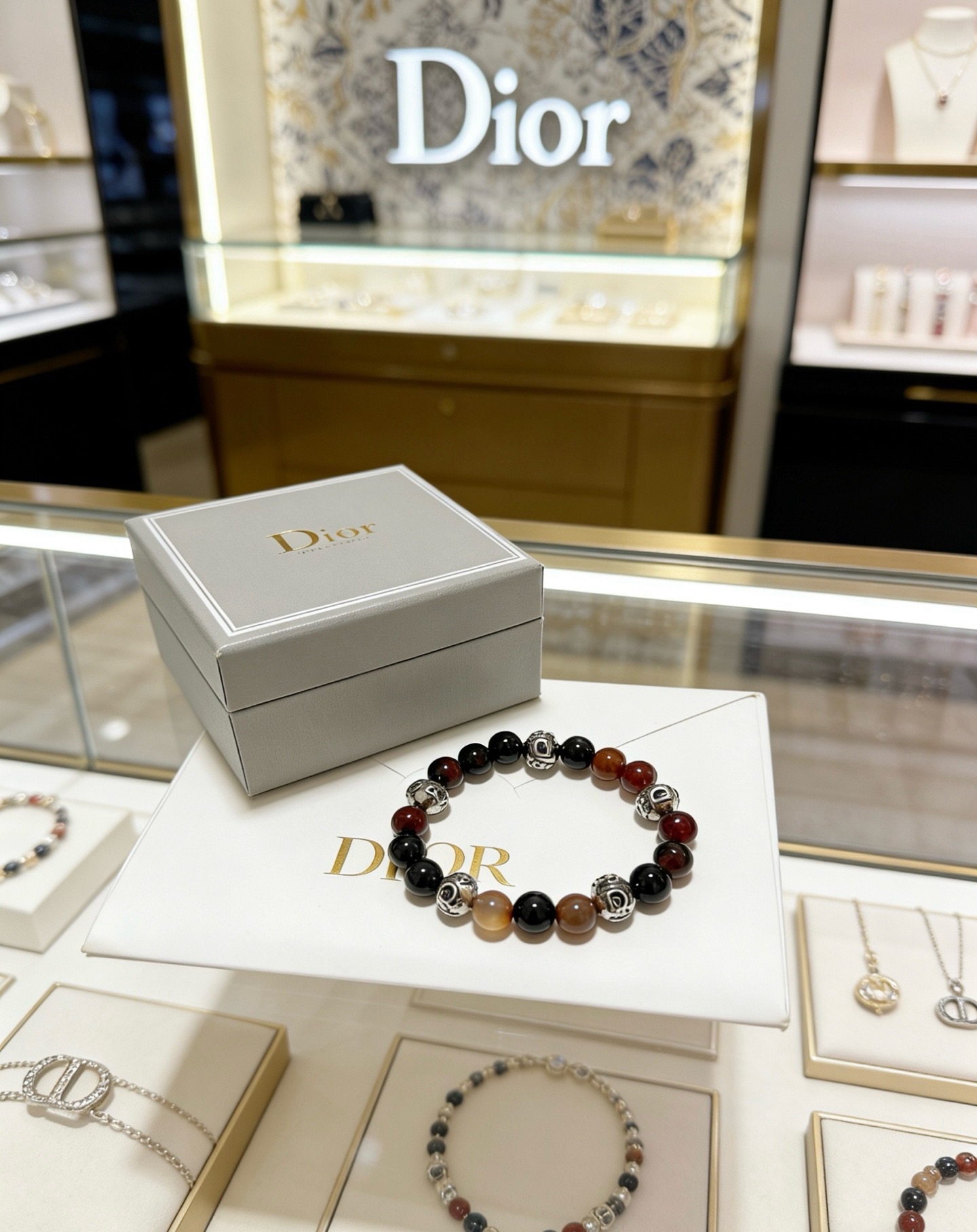 Dior Dior Oblique Beaded Bracelet bracelet Silver-tone metal with black onyx red carnelian and brown agate beads 19cm