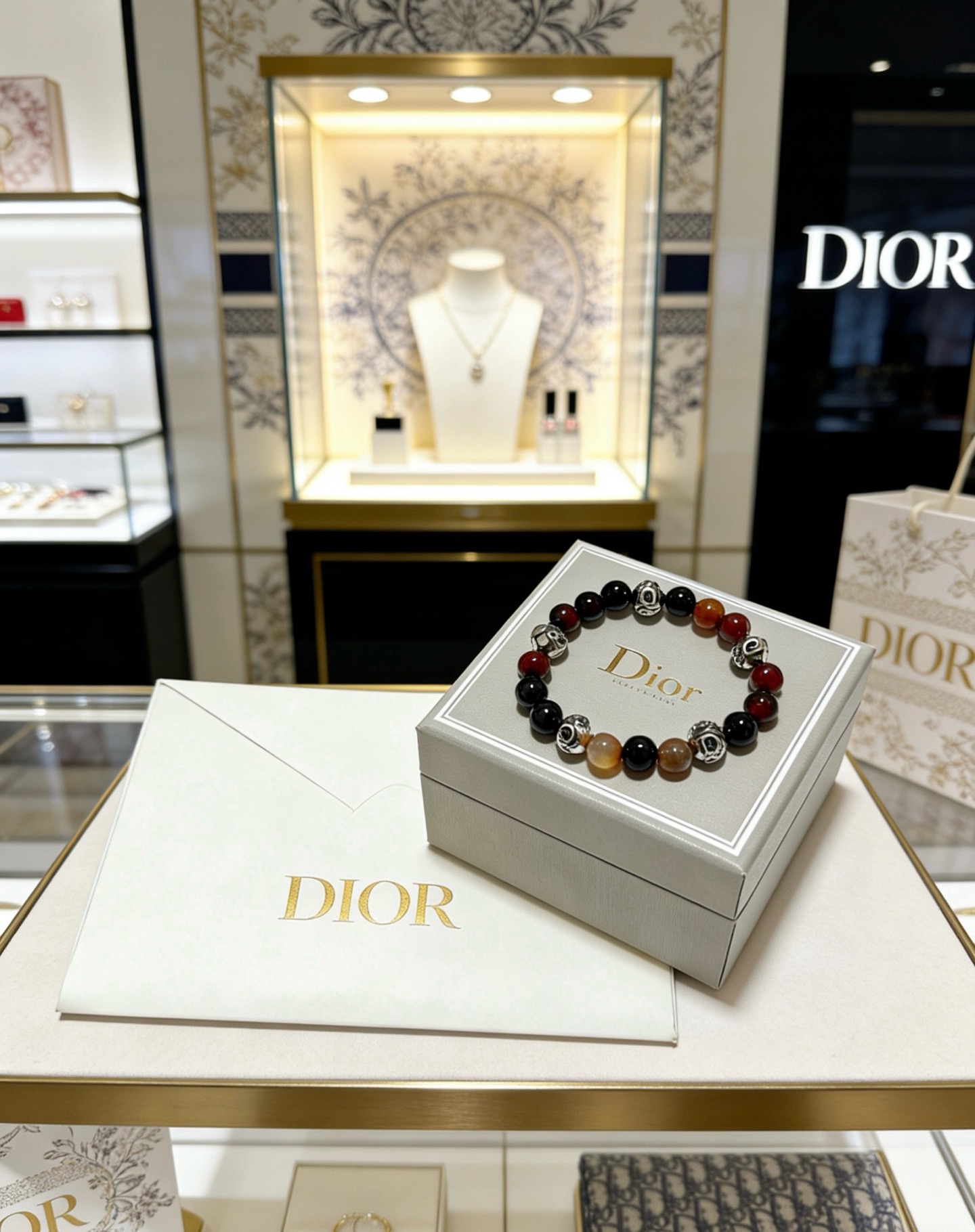 Dior Dior Oblique Beaded Bracelet bracelet Silver-tone metal with black onyx red carnelian and brown agate beads 19cm