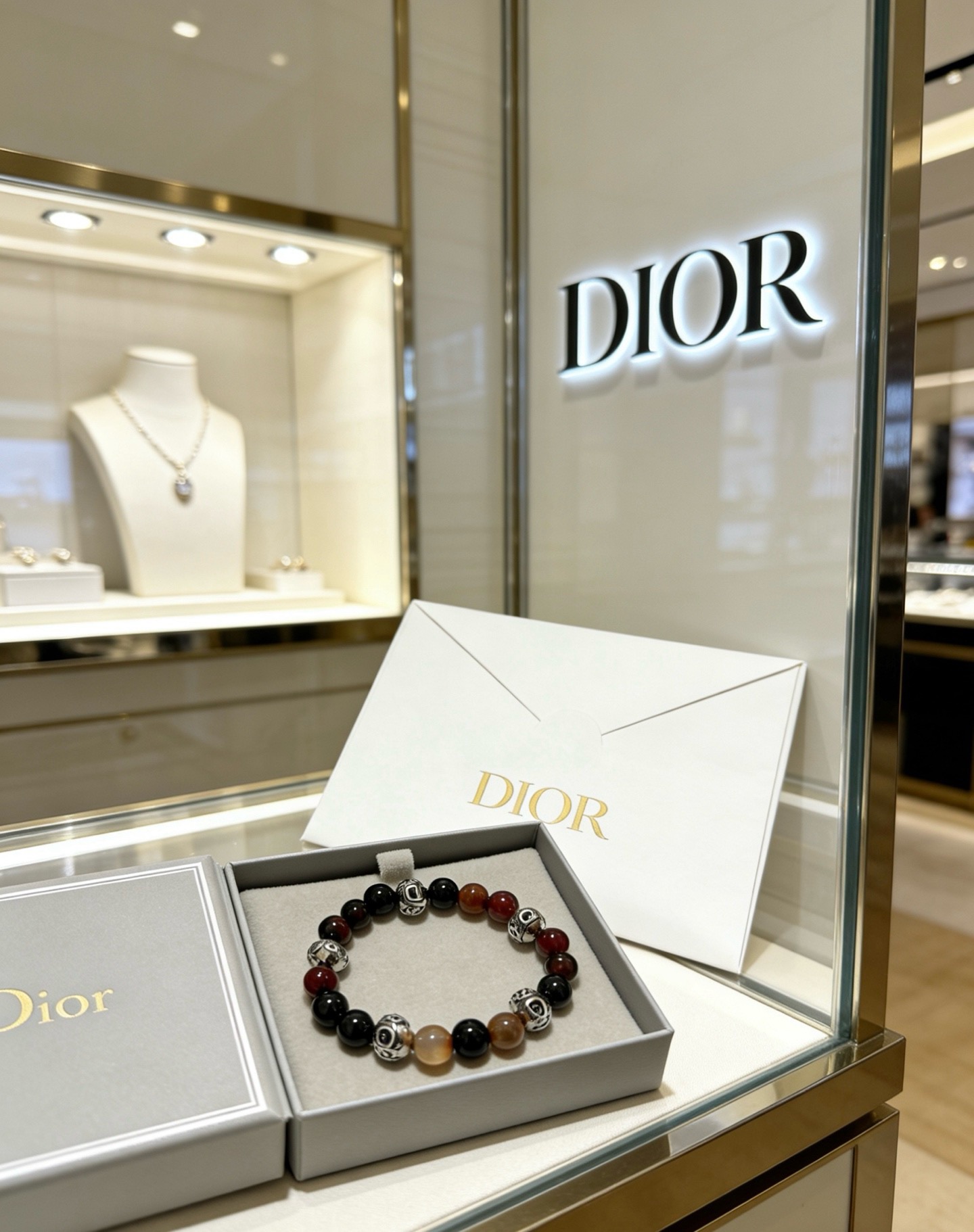 Dior Dior Oblique Beaded Bracelet bracelet Silver-tone metal with black onyx red carnelian and brown agate beads 19cm
