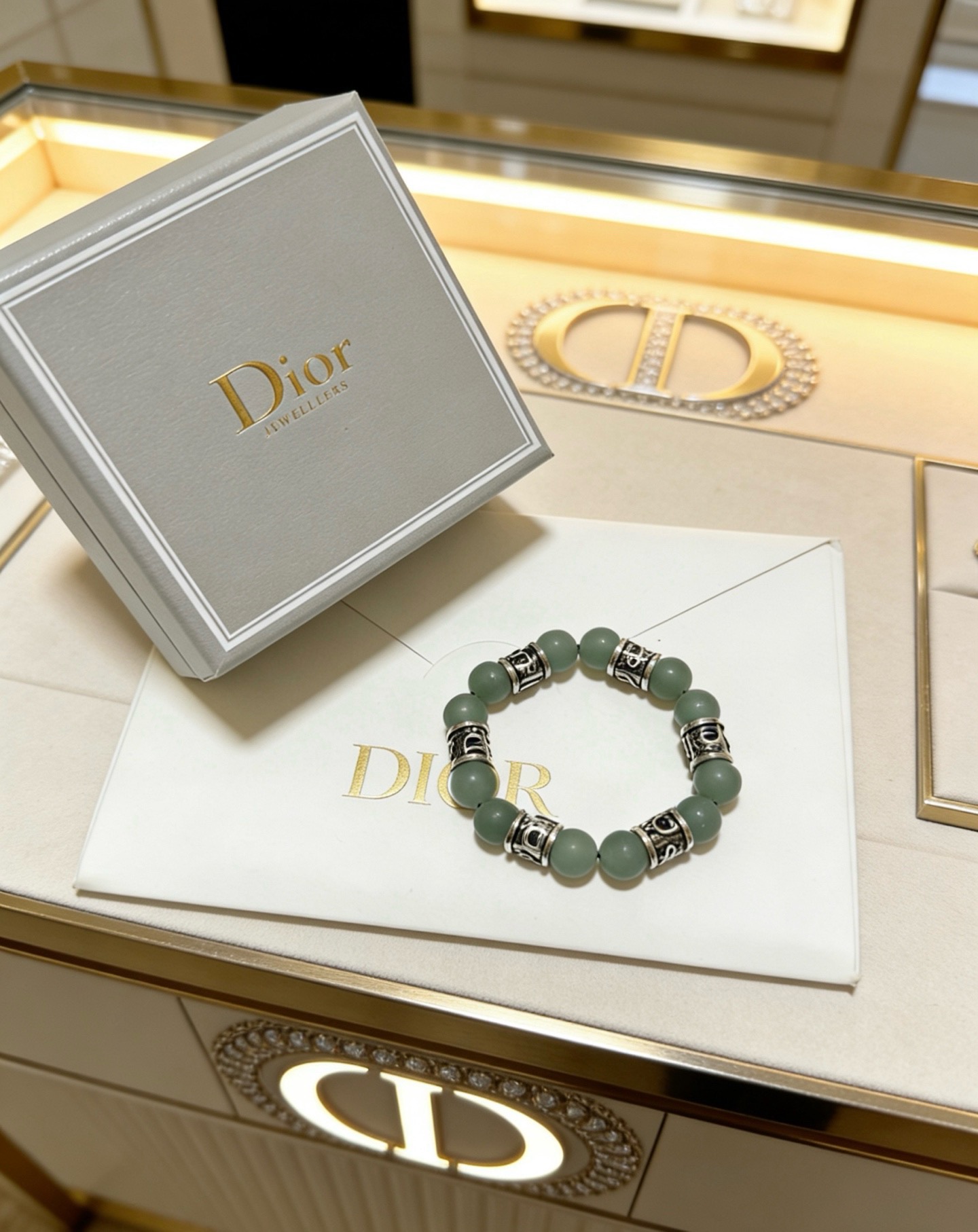 Dior Oblique Beaded Bracelet bracelet Antique silver-tone metal with matte sage green aventurine beads 19cm