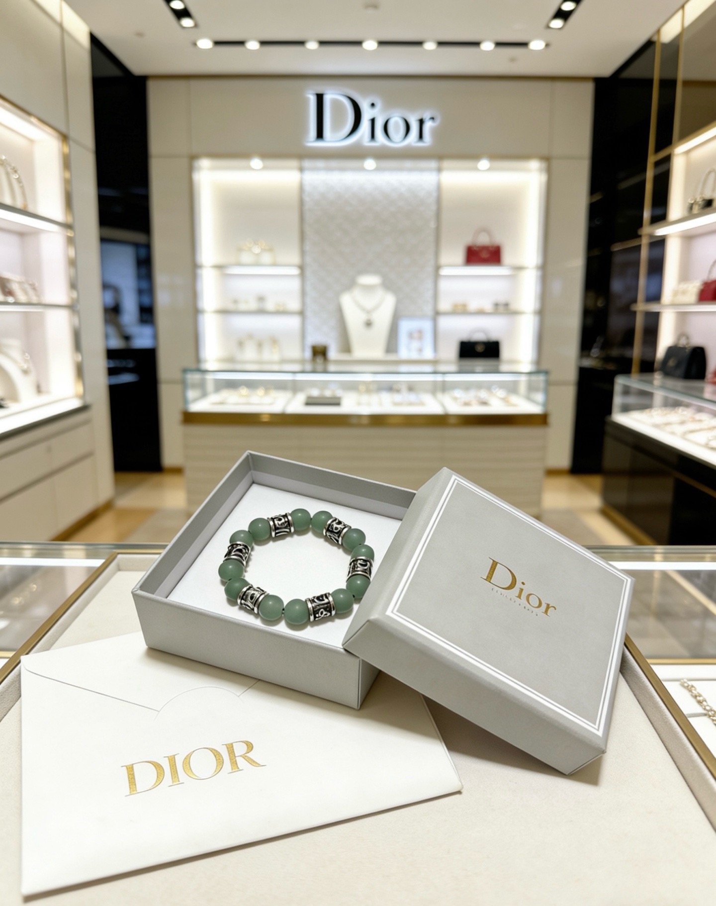 Dior Oblique Beaded Bracelet bracelet Antique silver-tone metal with matte sage green aventurine beads 19cm
