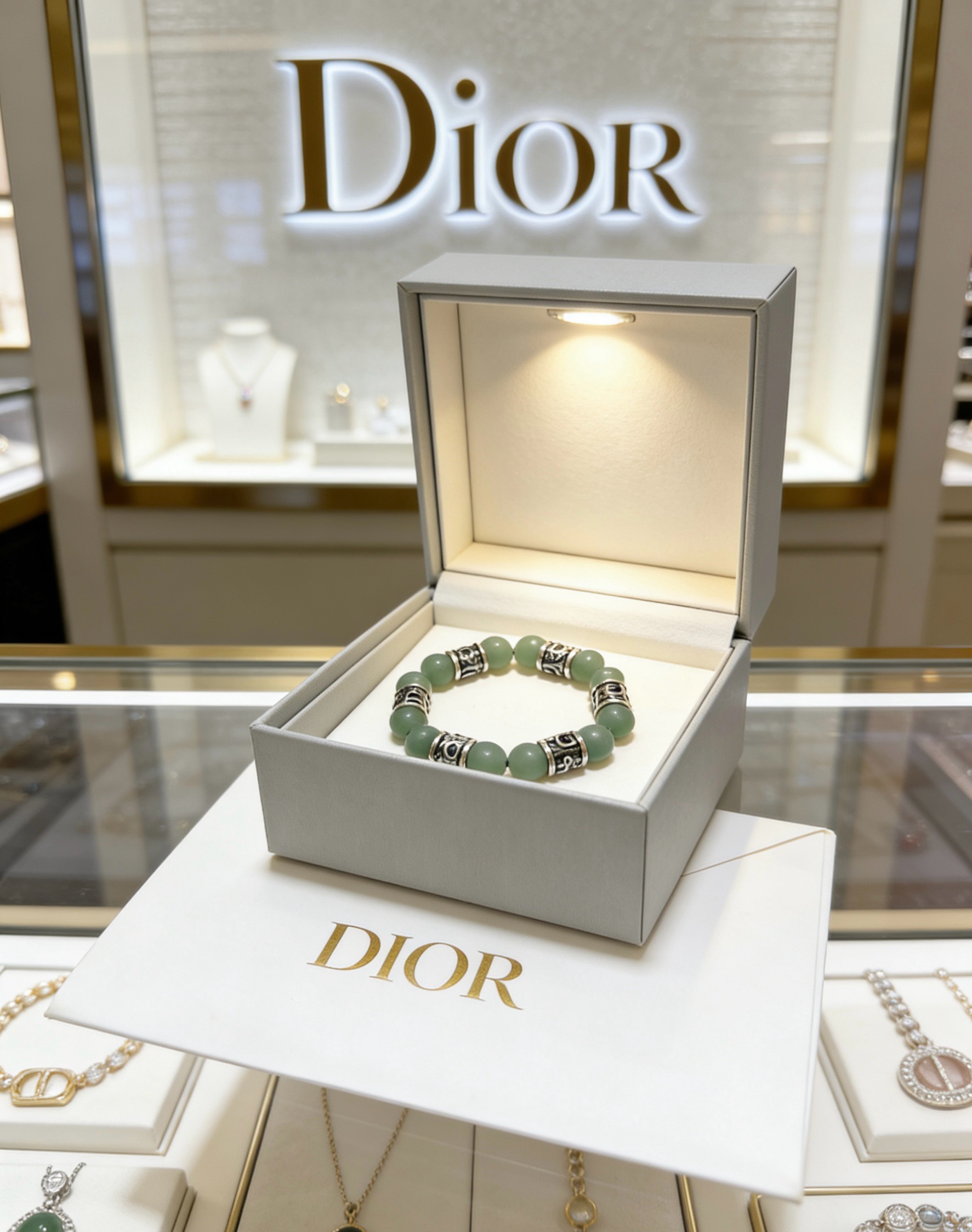 Dior Oblique Beaded Bracelet bracelet Antique silver-tone metal with matte sage green aventurine beads 19cm