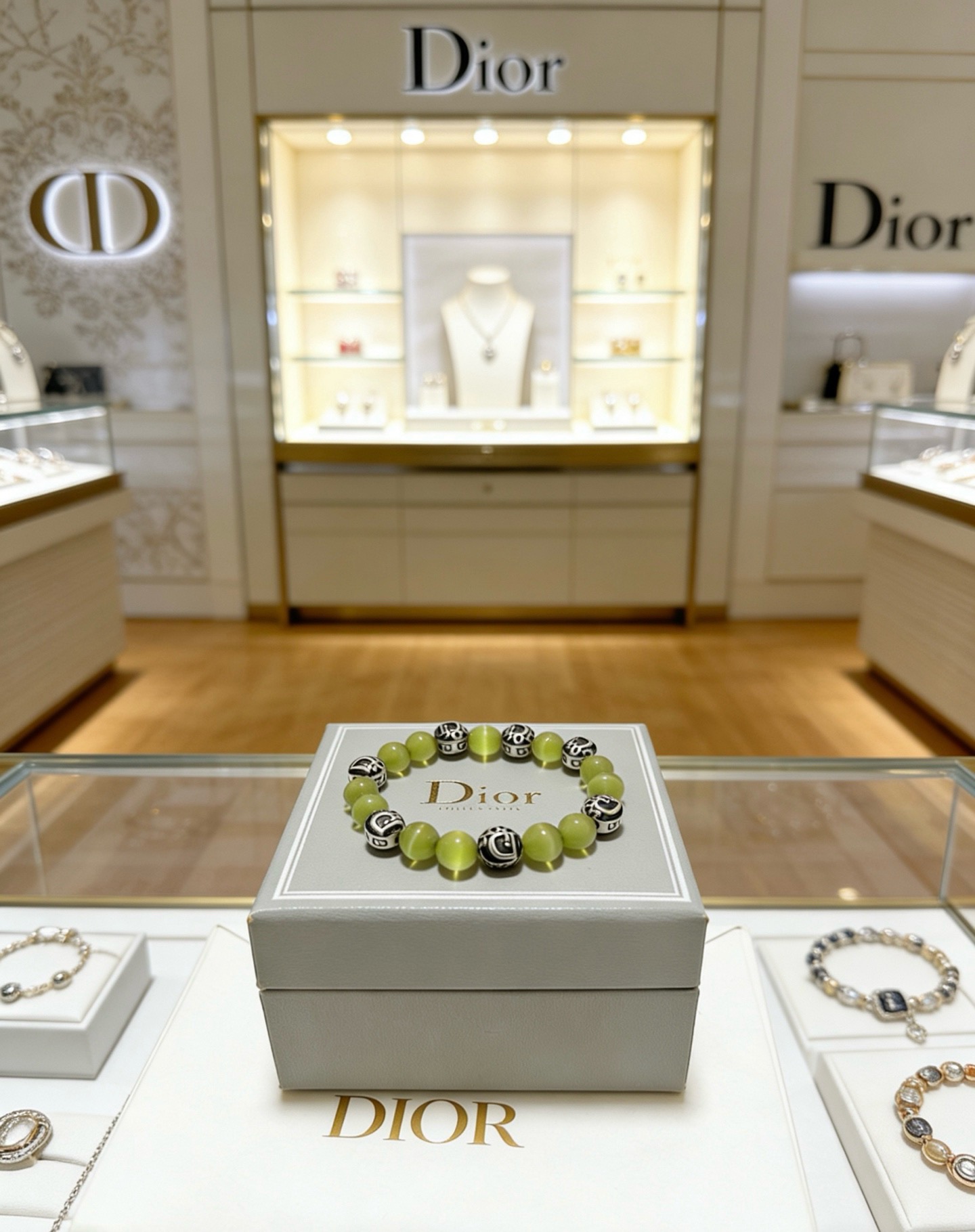 Dior Dior Beaded Logo Bracelet bracelet Silver-tone metal with black enamel logo accents light olive green cat s eye beads 18cm
