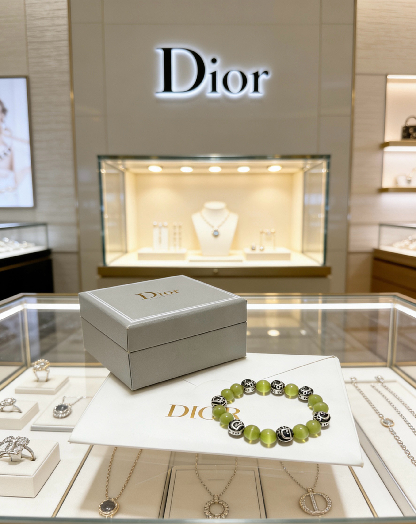 Dior Dior Beaded Logo Bracelet bracelet Silver-tone metal with black enamel logo accents light olive green cat s eye beads 18cm