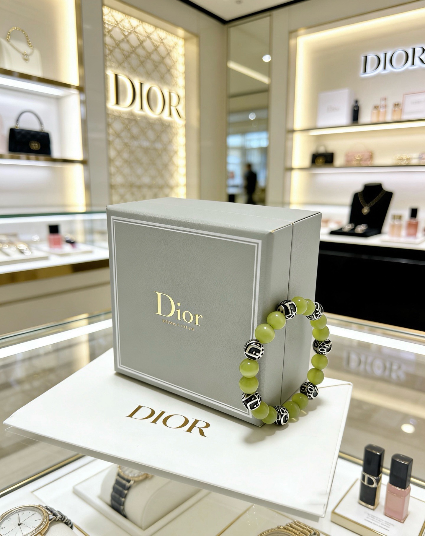 Dior Dior Beaded Logo Bracelet bracelet Silver-tone metal with black enamel logo accents light olive green cat s eye beads 18cm