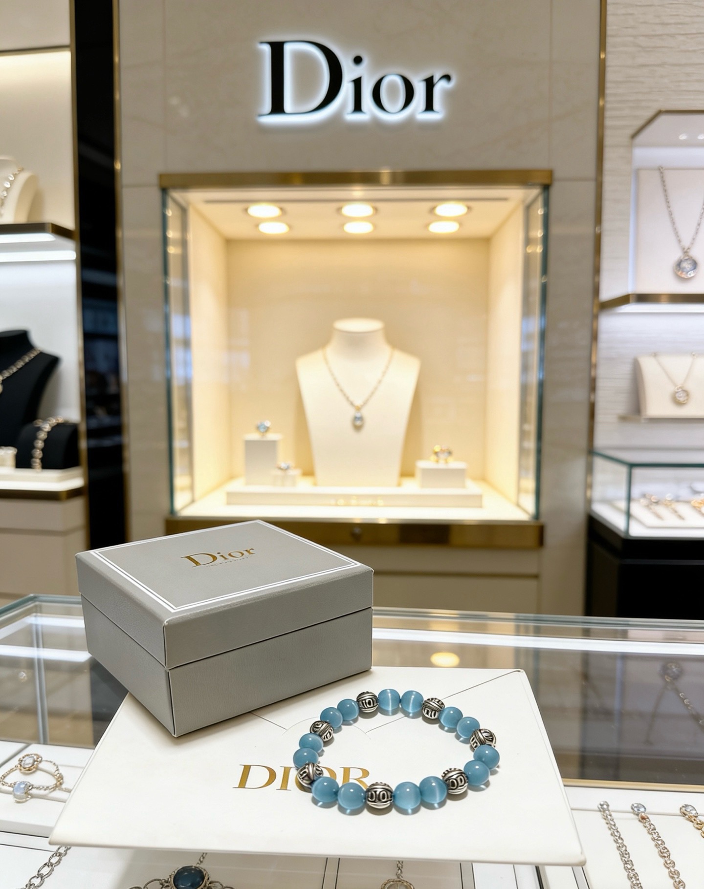 Dior Beaded Logo Charm Bracelet bracelet Silver-toned metal light blue cat s eye stone 18cm