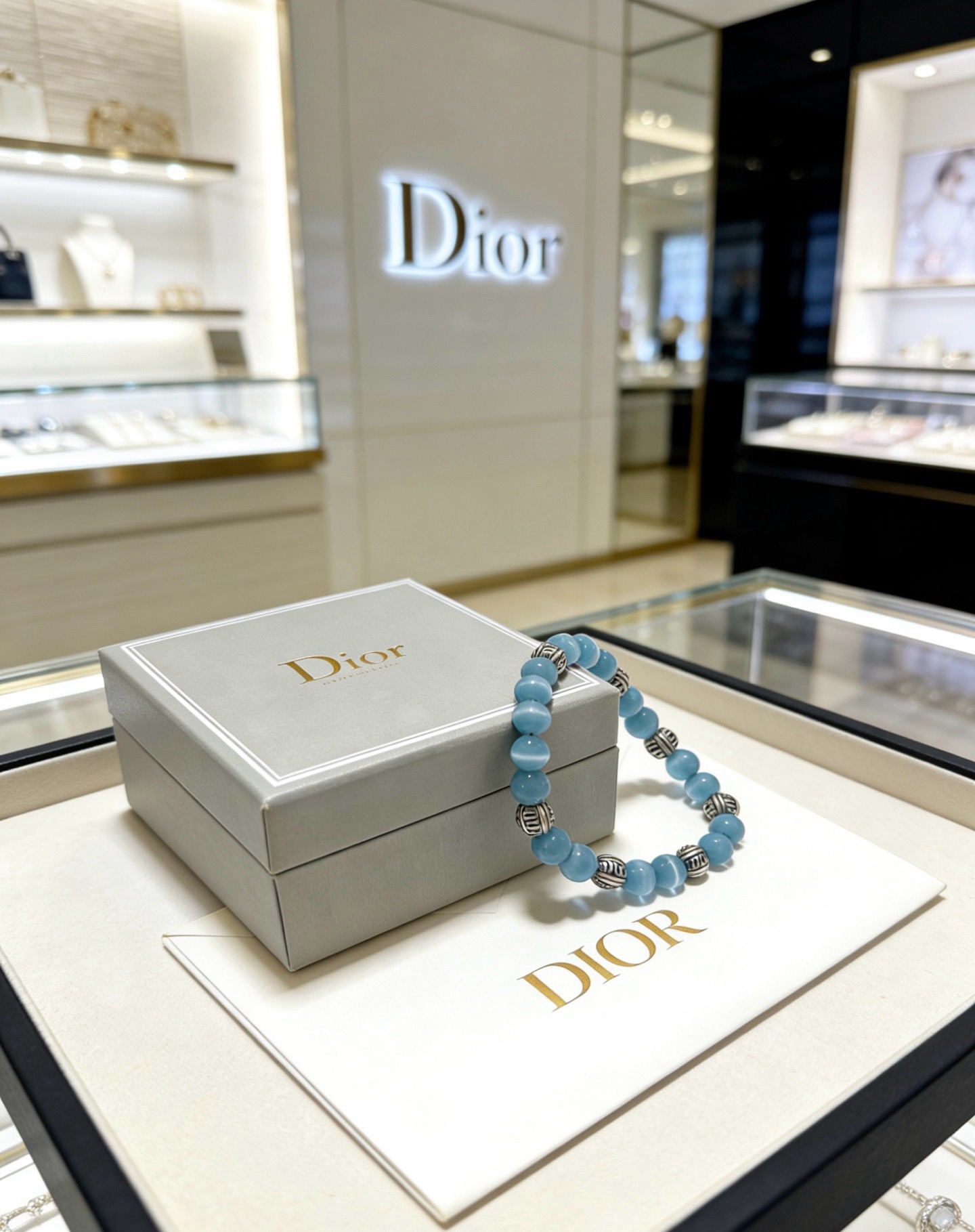 Dior Beaded Logo Charm Bracelet bracelet Silver-toned metal light blue cat s eye stone 18cm