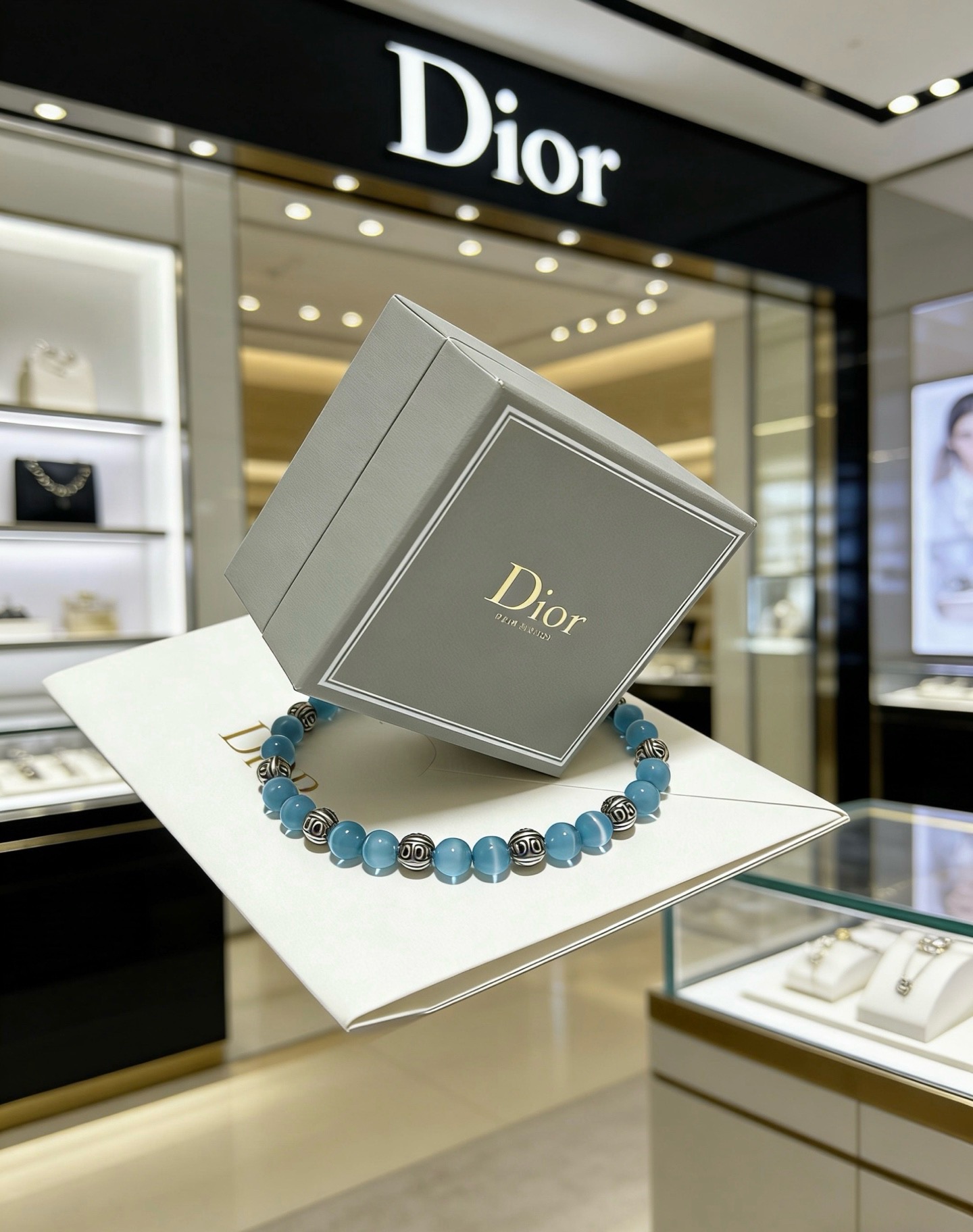 Dior Beaded Logo Charm Bracelet bracelet Silver-toned metal light blue cat s eye stone 18cm