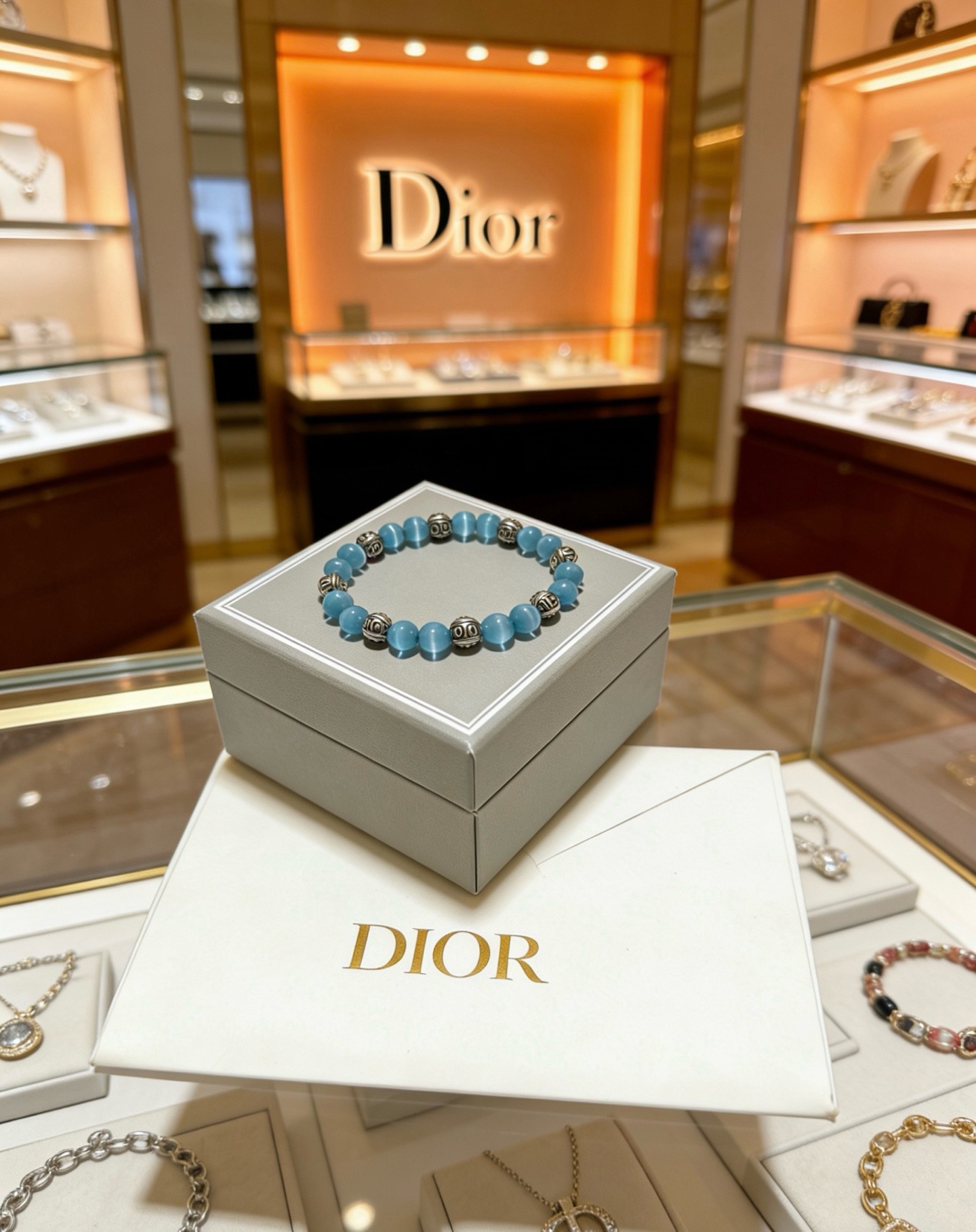 Dior Beaded Logo Charm Bracelet bracelet Silver-toned metal light blue cat s eye stone 18cm