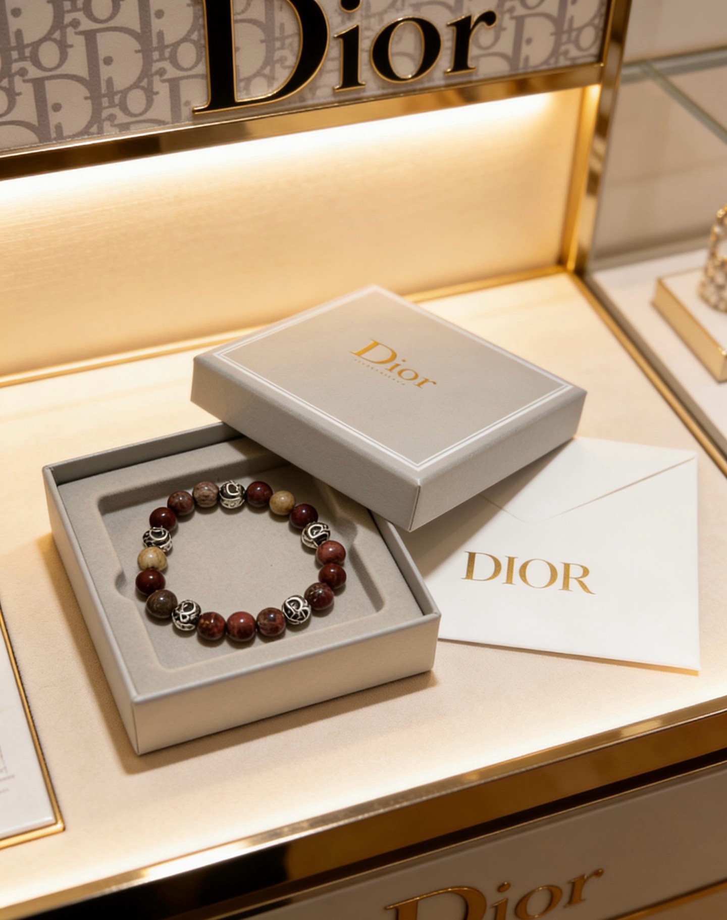 Dior Beaded Logo Charm Bracelet bracelet Silver-toned metal with multi-tone brown natural stone beads 19cm