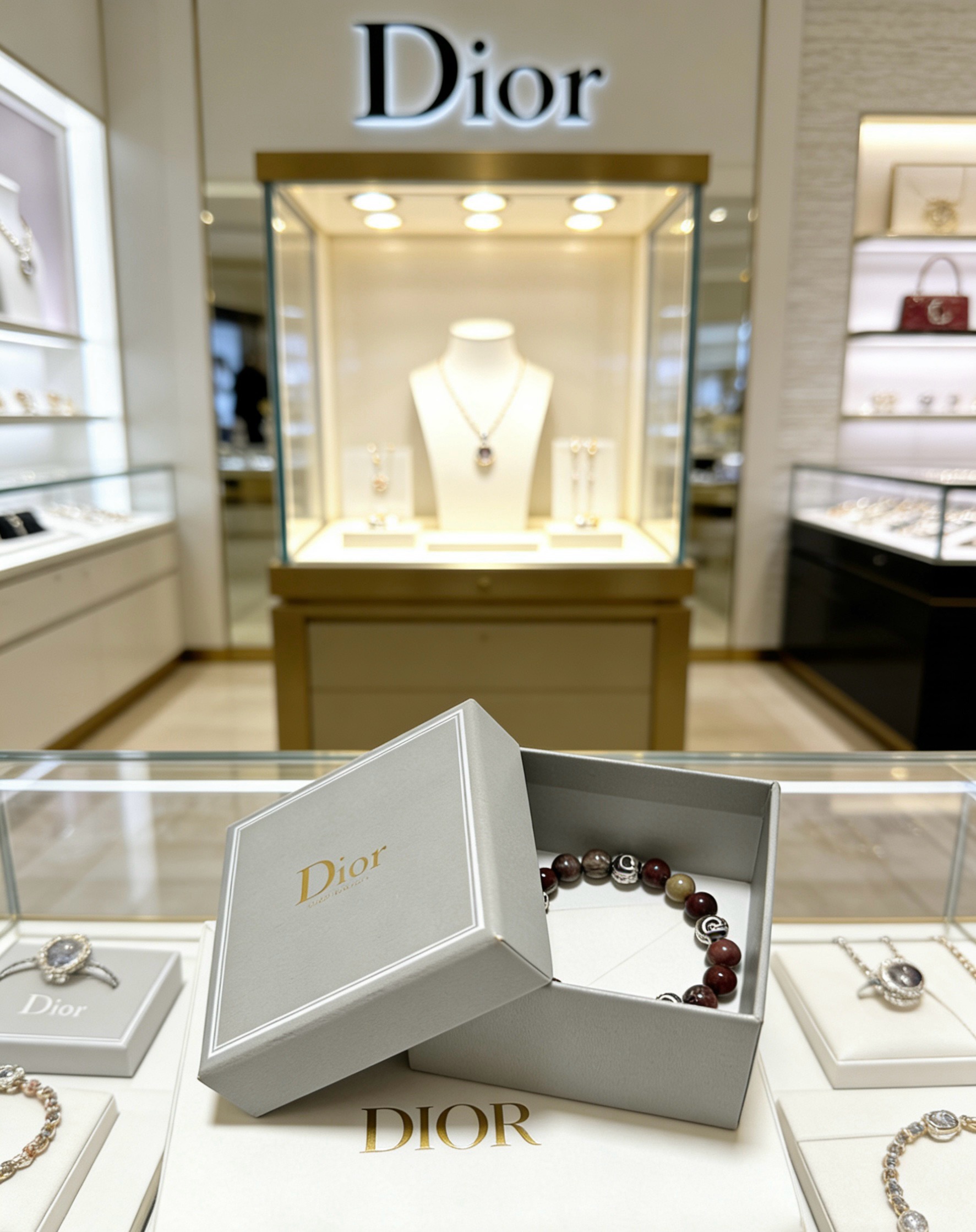 Dior Beaded Logo Charm Bracelet bracelet Silver-toned metal with multi-tone brown natural stone beads 19cm
