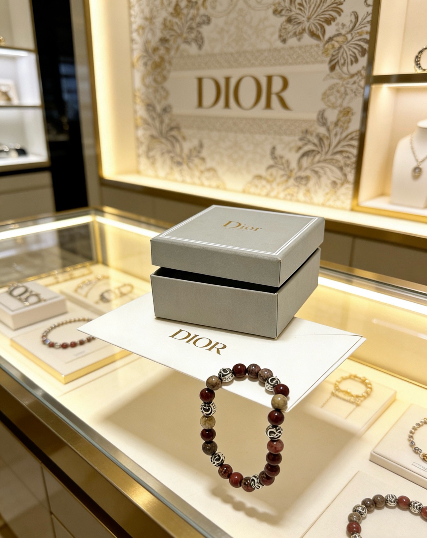 Dior Beaded Logo Charm Bracelet bracelet Silver-toned metal with multi-tone brown natural stone beads 19cm
