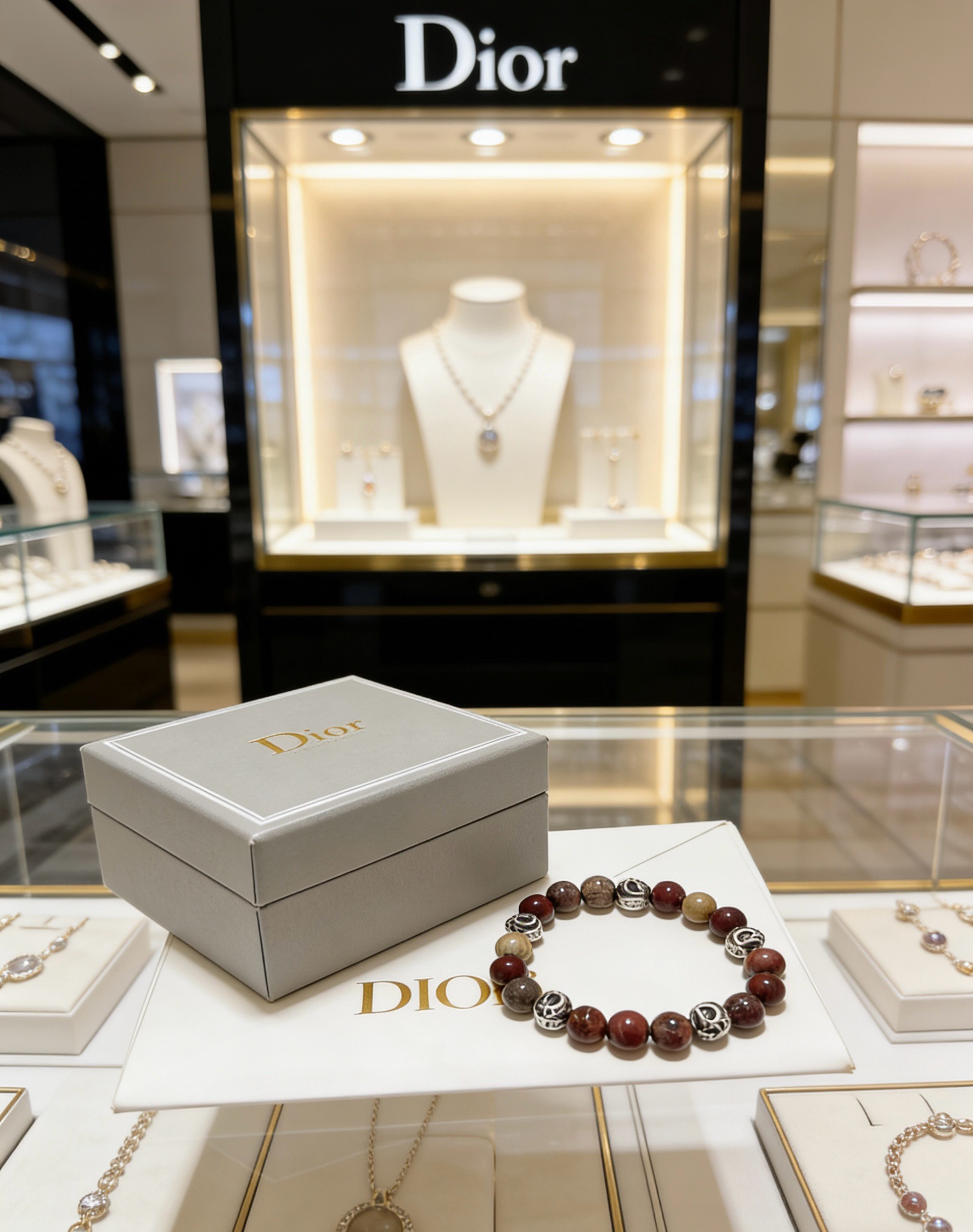 Dior Beaded Logo Charm Bracelet bracelet Silver-toned metal with multi-tone brown natural stone beads 19cm
