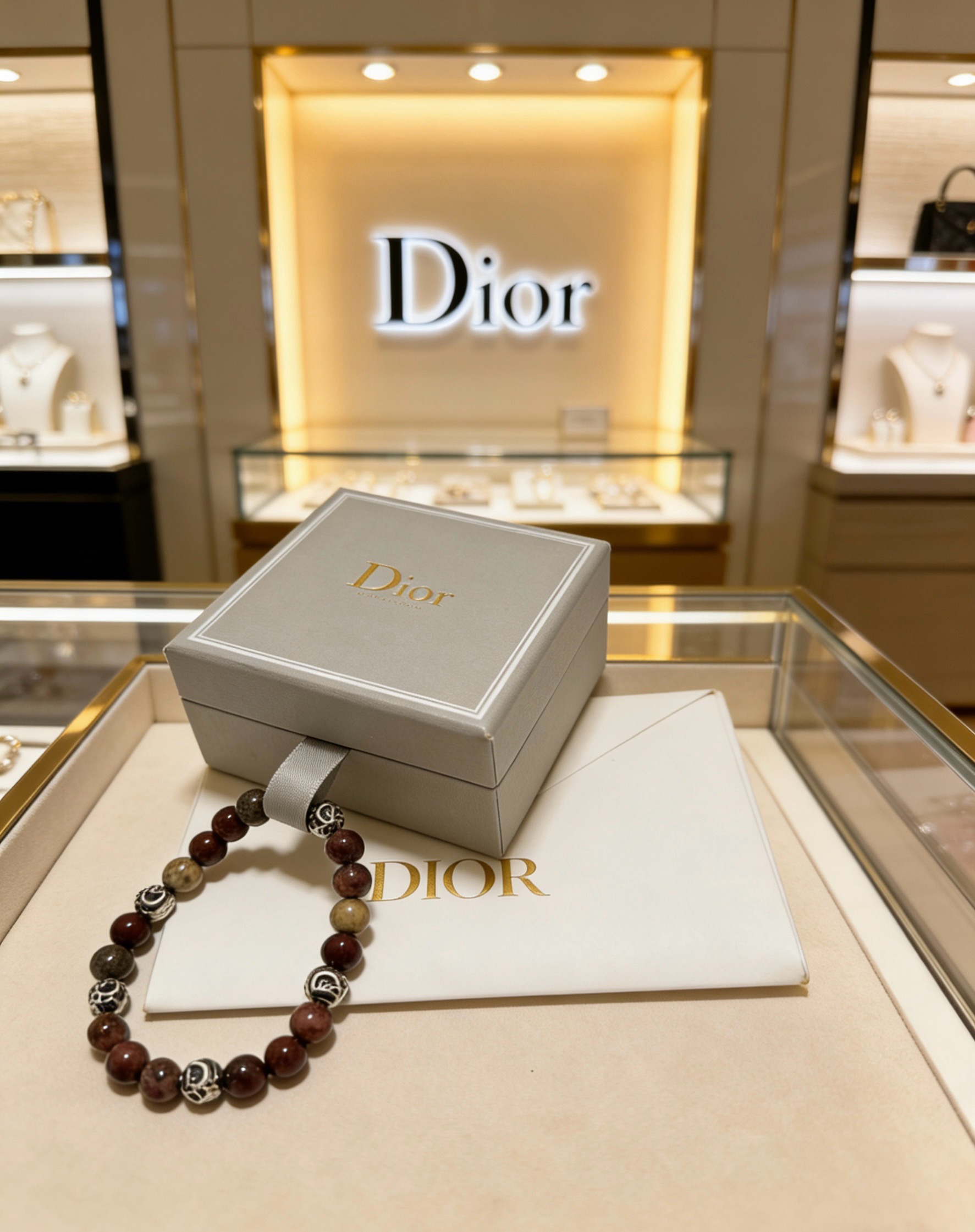 Dior Beaded Logo Charm Bracelet bracelet Silver-toned metal with multi-tone brown natural stone beads 19cm