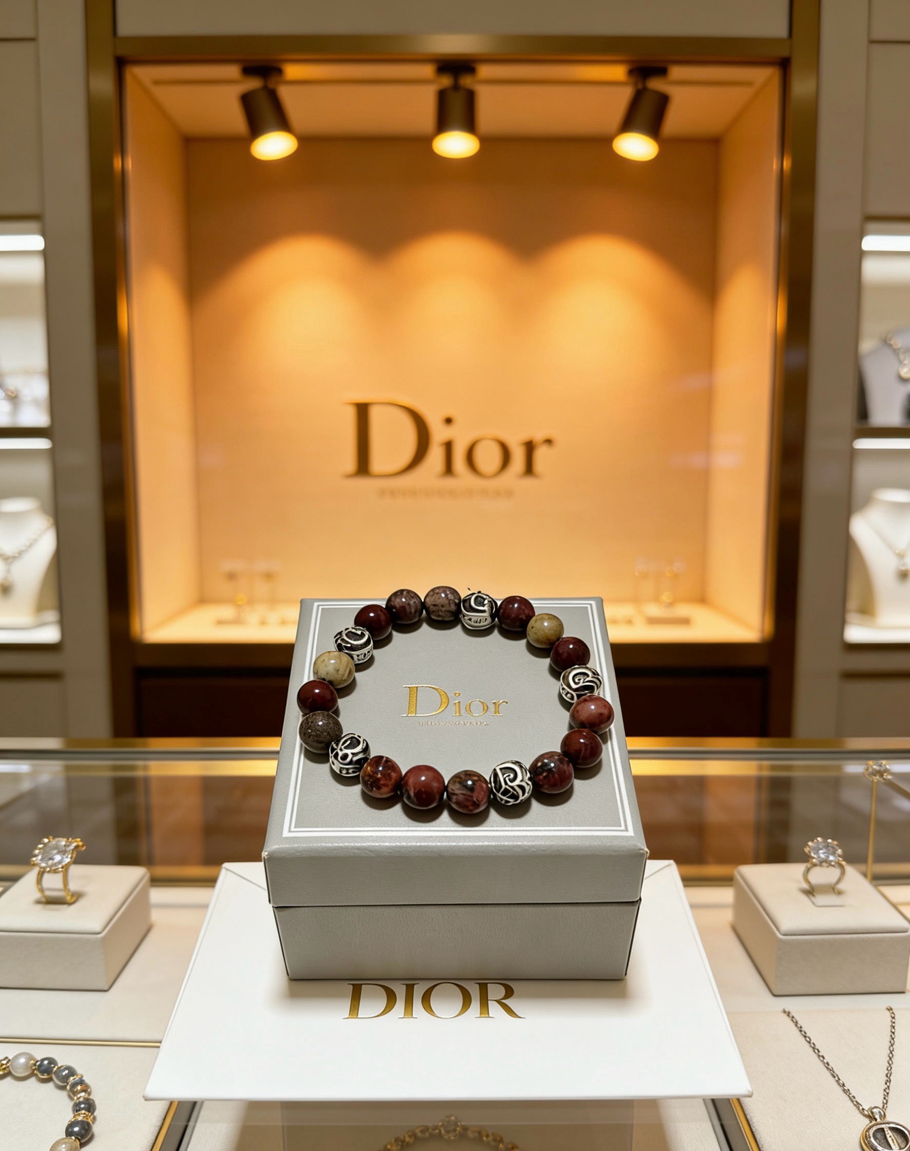 Dior Beaded Logo Charm Bracelet bracelet Silver-toned metal with multi-tone brown natural stone beads 19cm