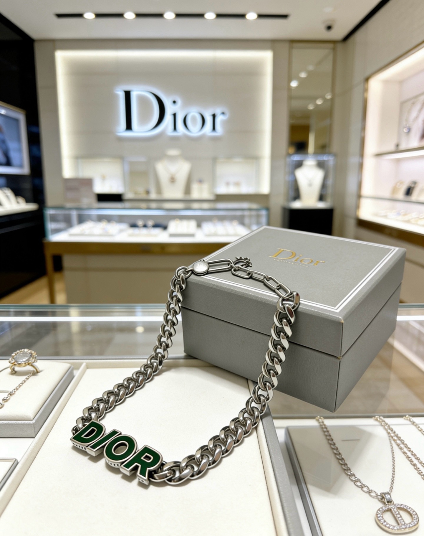 Dior Dior Logo Enamel Chain bracelet Silver-toned metal with green enamel lettering 21cm