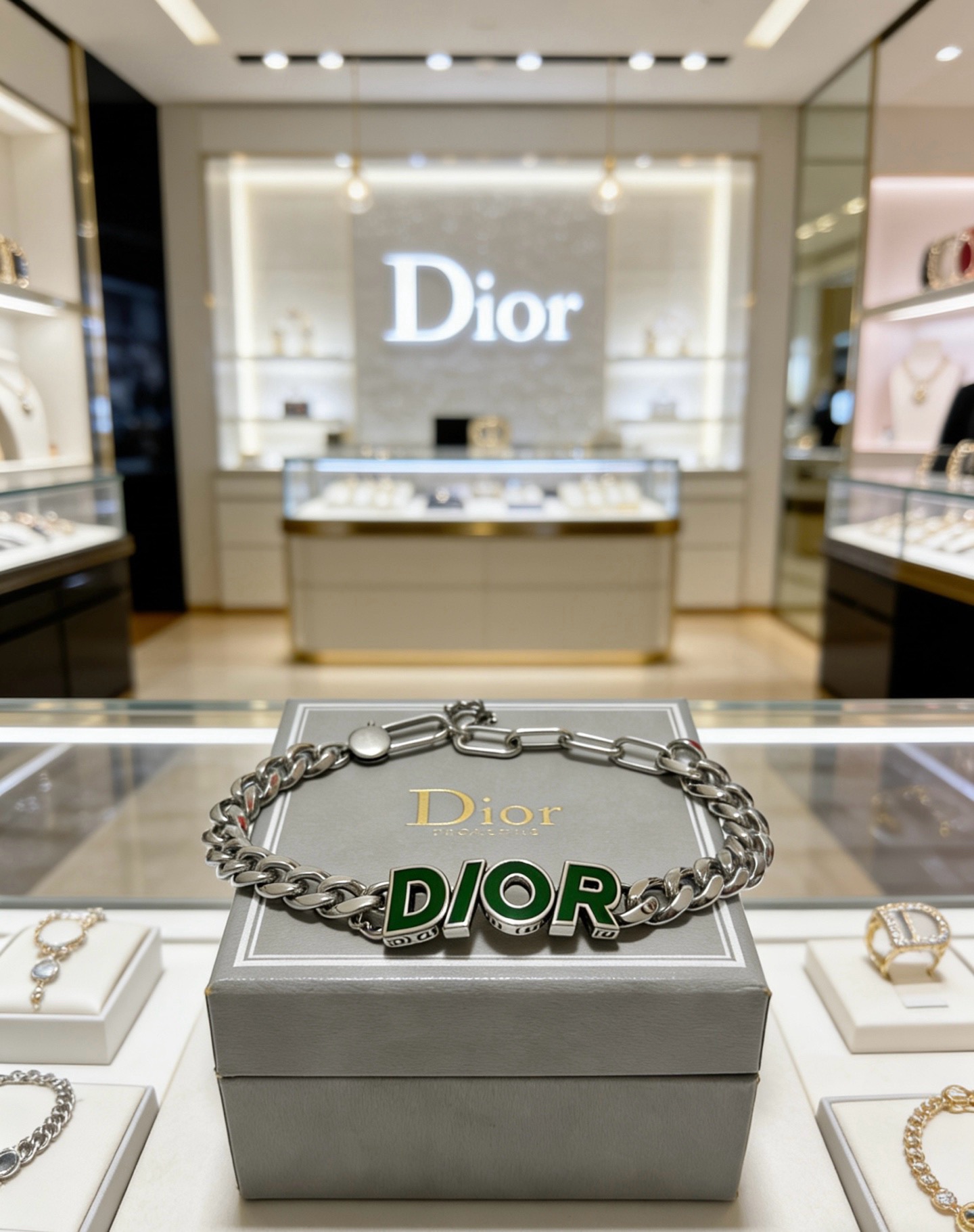 Dior Dior Logo Enamel Chain bracelet Silver-toned metal with green enamel lettering 21cm