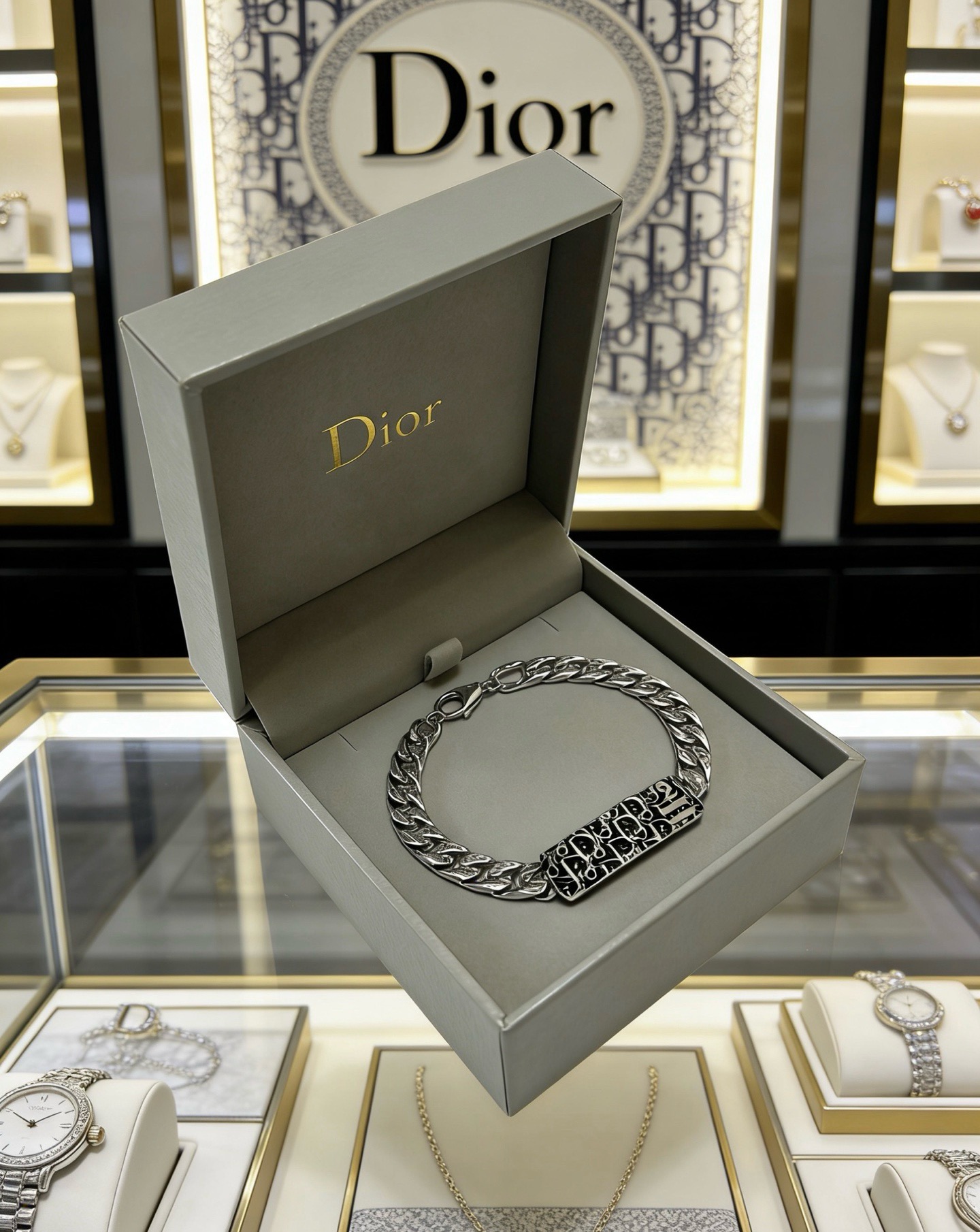 Dior Oblique Curb Chain ID Bracelet bracelet Silver-tone metal with black enamel Oblique monogram detailing 21cm