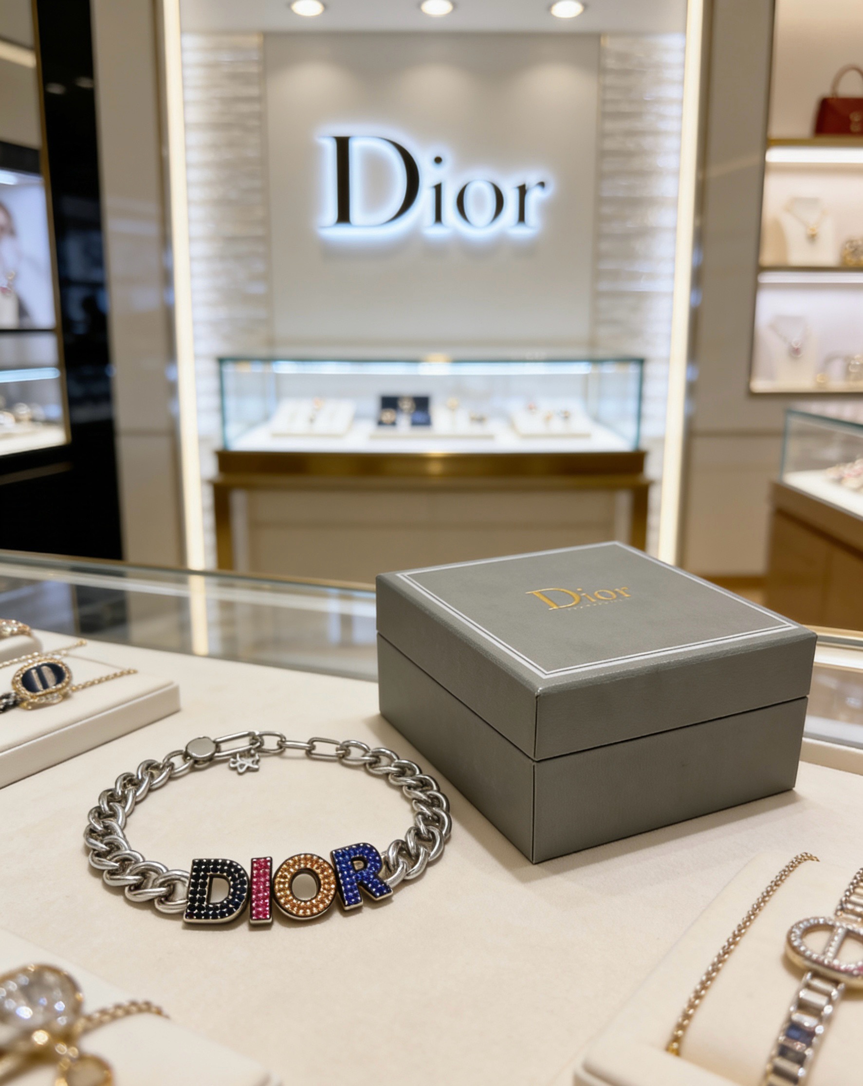 Dior DIOR Logo Crystal Chain Bracelet bracelet Silver-tone metal with black pink orange blue crystal accents 19cm