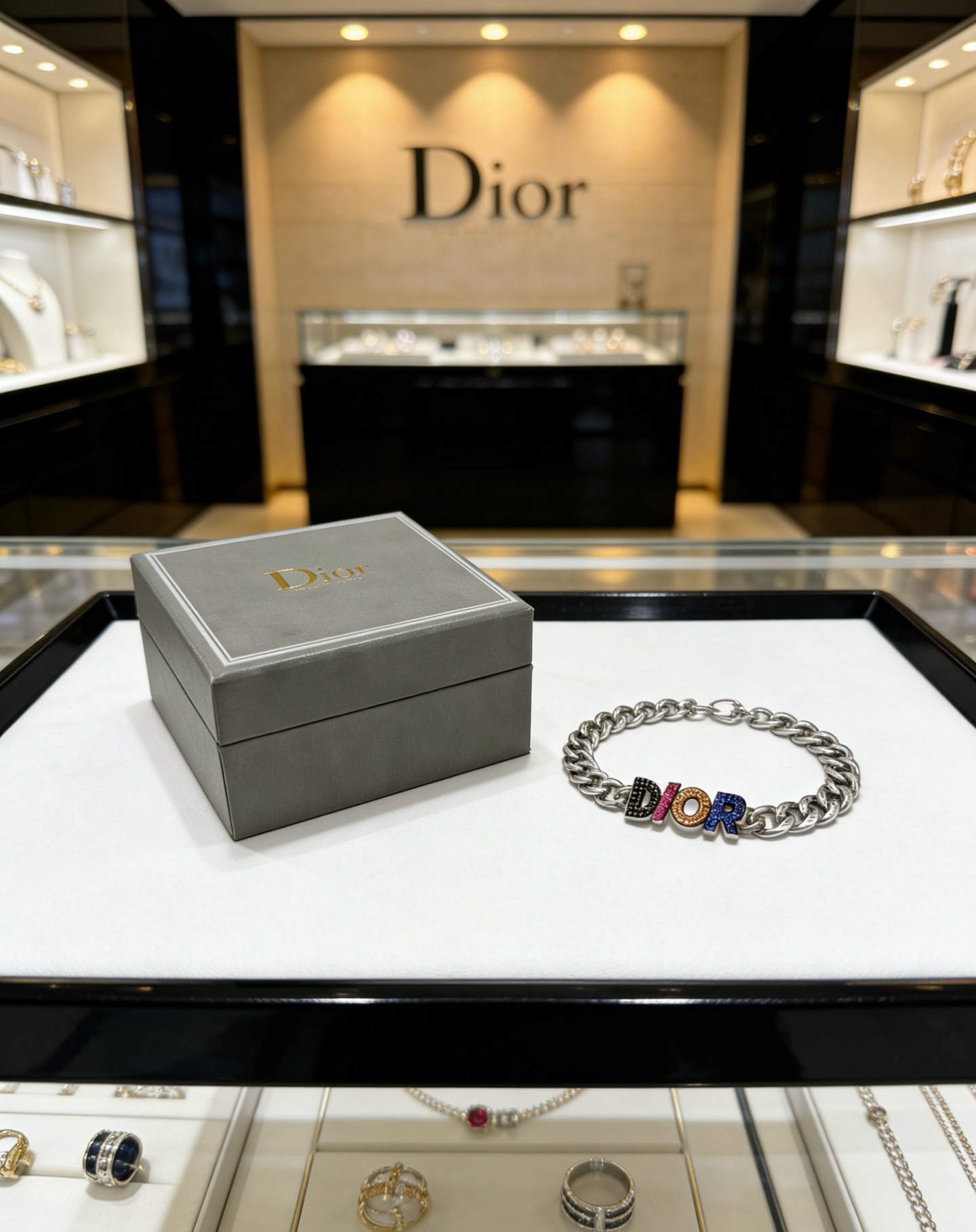 Dior DIOR Logo Crystal Chain Bracelet bracelet Silver-tone metal with black pink orange blue crystal accents 19cm
