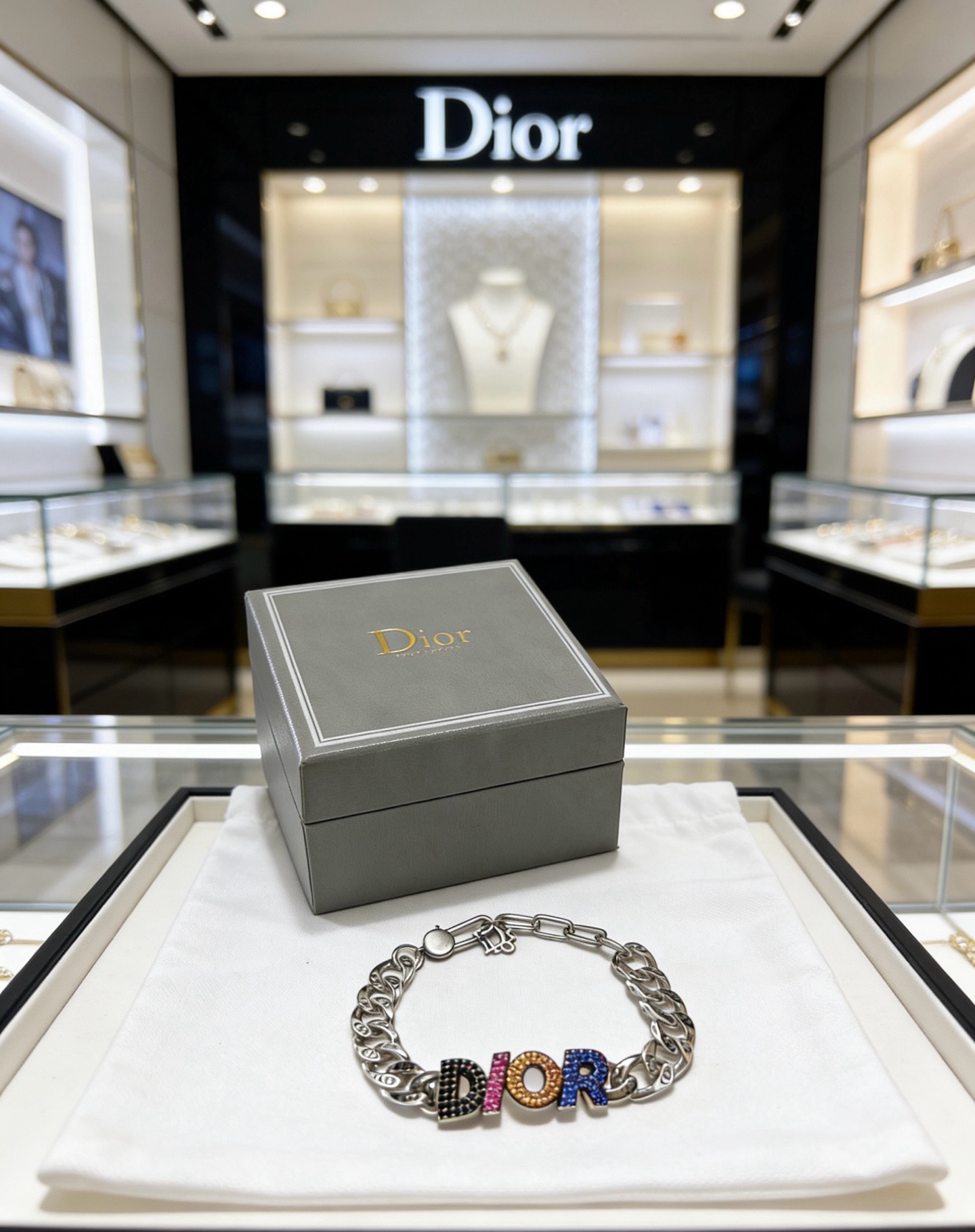 Dior DIOR Logo Crystal Chain Bracelet bracelet Silver-tone metal with black pink orange blue crystal accents 19cm