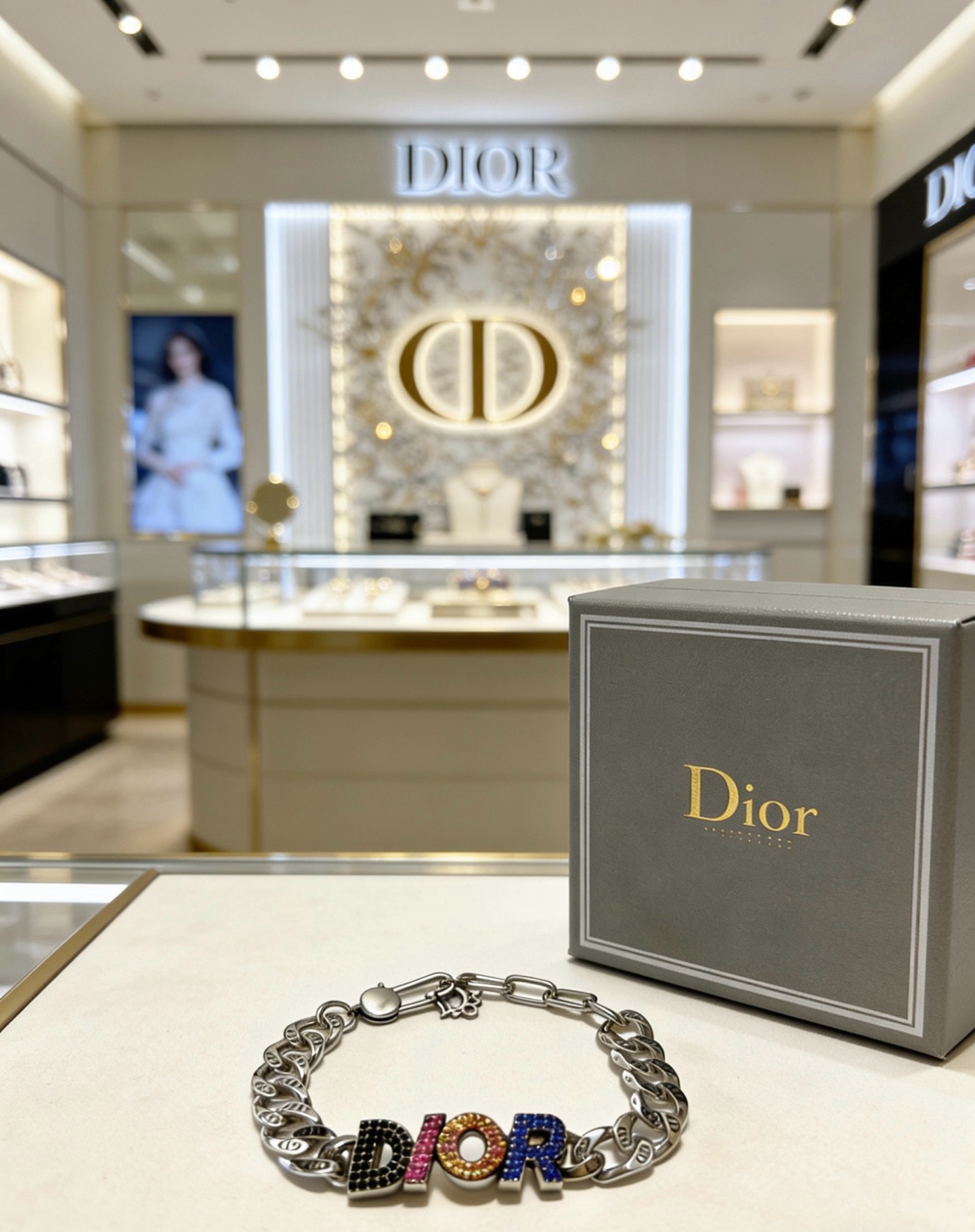 Dior DIOR Logo Crystal Chain Bracelet bracelet Silver-tone metal with black pink orange blue crystal accents 19cm