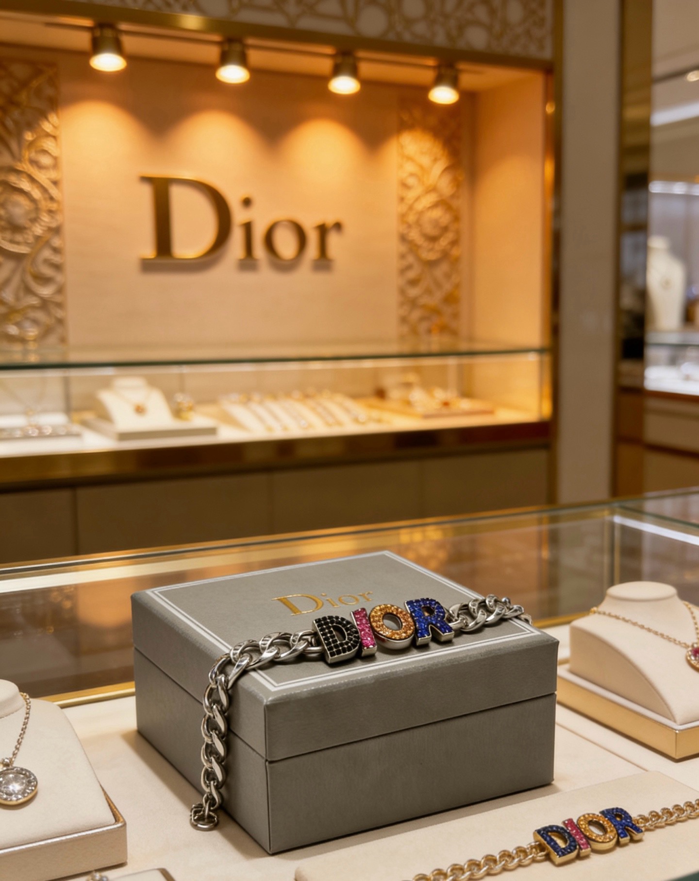 Dior DIOR Logo Crystal Chain Bracelet bracelet Silver-tone metal with black pink orange blue crystal accents 19cm