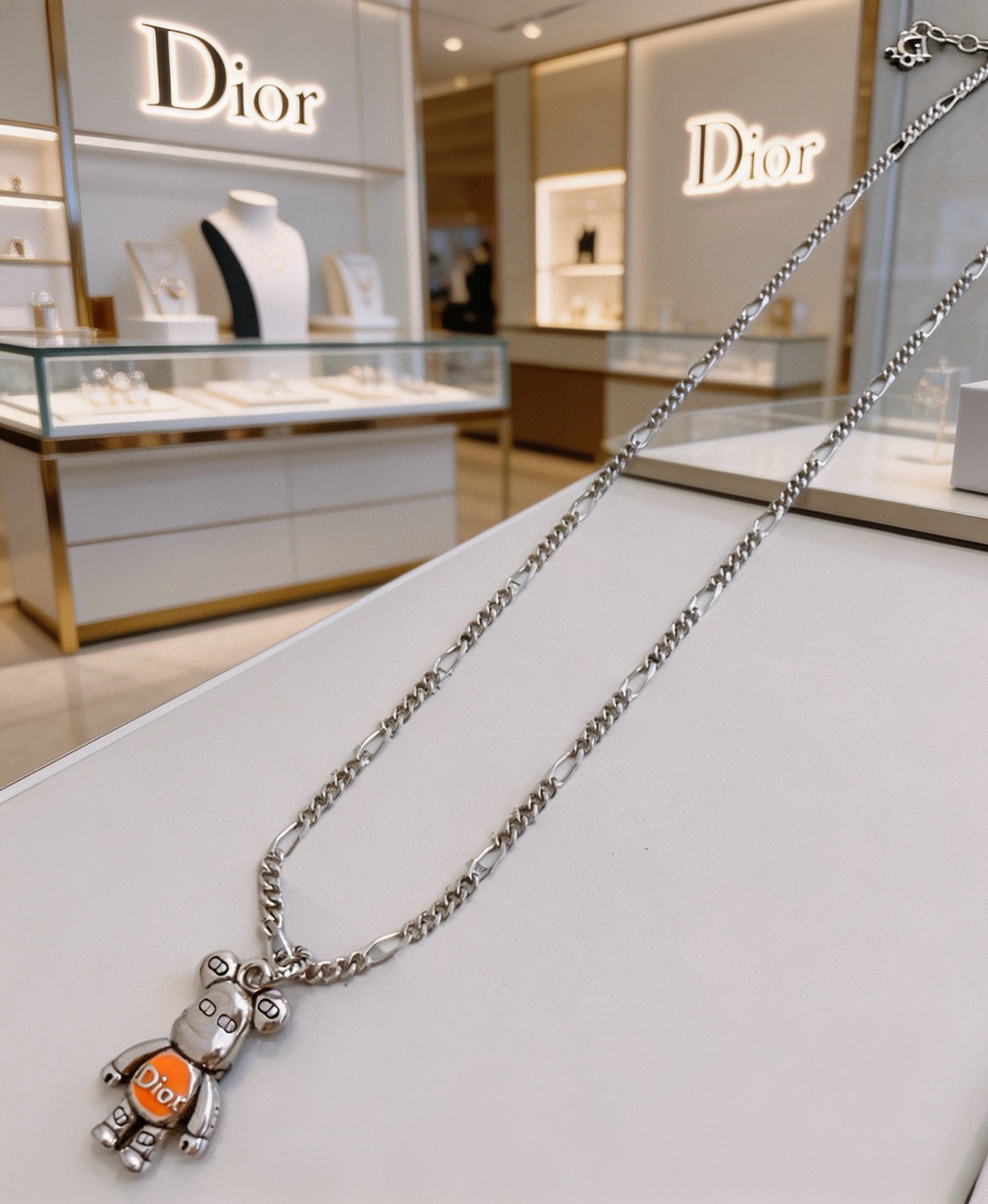 Dior Bearbrick Charm Pendant Necklace necklace Silver-toned metal with orange enamel accent 60cm