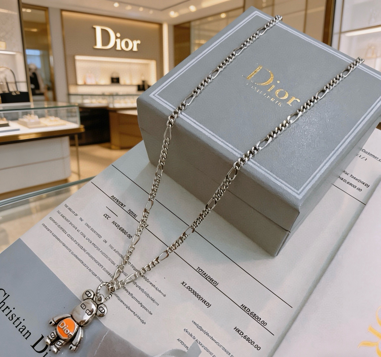 Dior Bearbrick Charm Pendant Necklace necklace Silver-toned metal with orange enamel accent 60cm