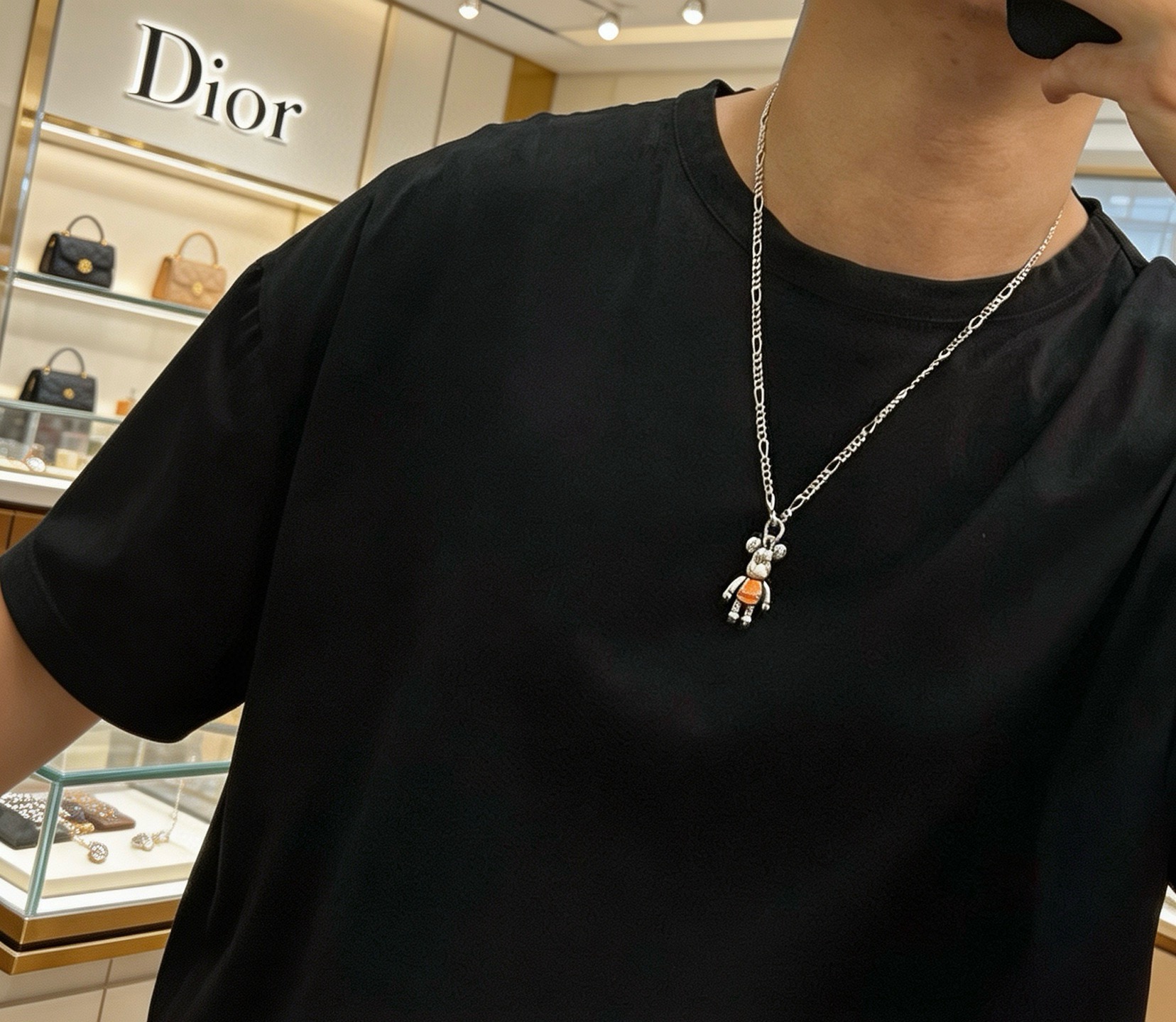 Dior Bearbrick Charm Pendant Necklace necklace Silver-toned metal with orange enamel accent 60cm