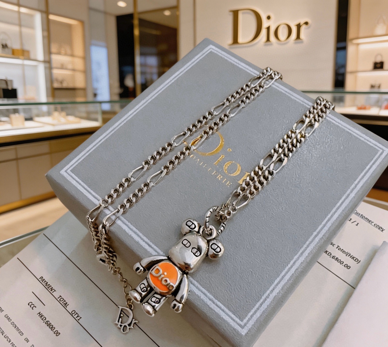 Dior Bearbrick Charm Pendant Necklace necklace Silver-toned metal with orange enamel accent 60cm