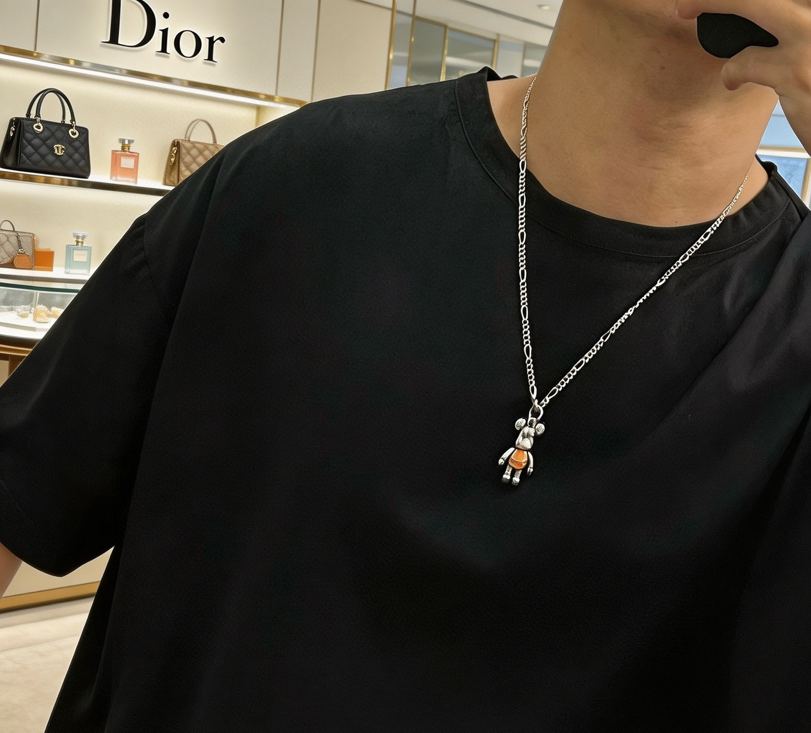 Dior Bearbrick Charm Pendant Necklace necklace Silver-toned metal with orange enamel accent 60cm