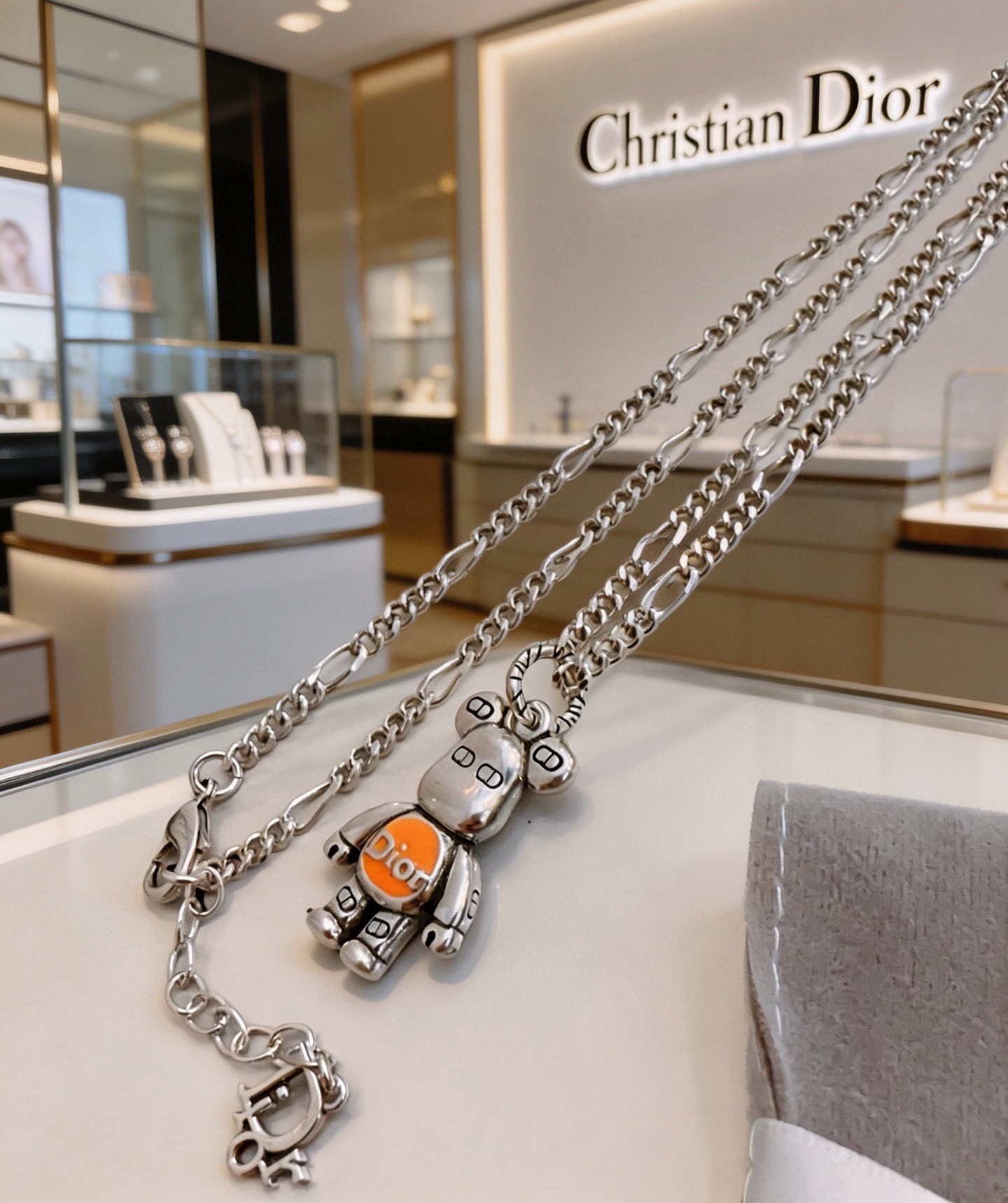 Dior Bearbrick Charm Pendant Necklace necklace Silver-toned metal with orange enamel accent 60cm