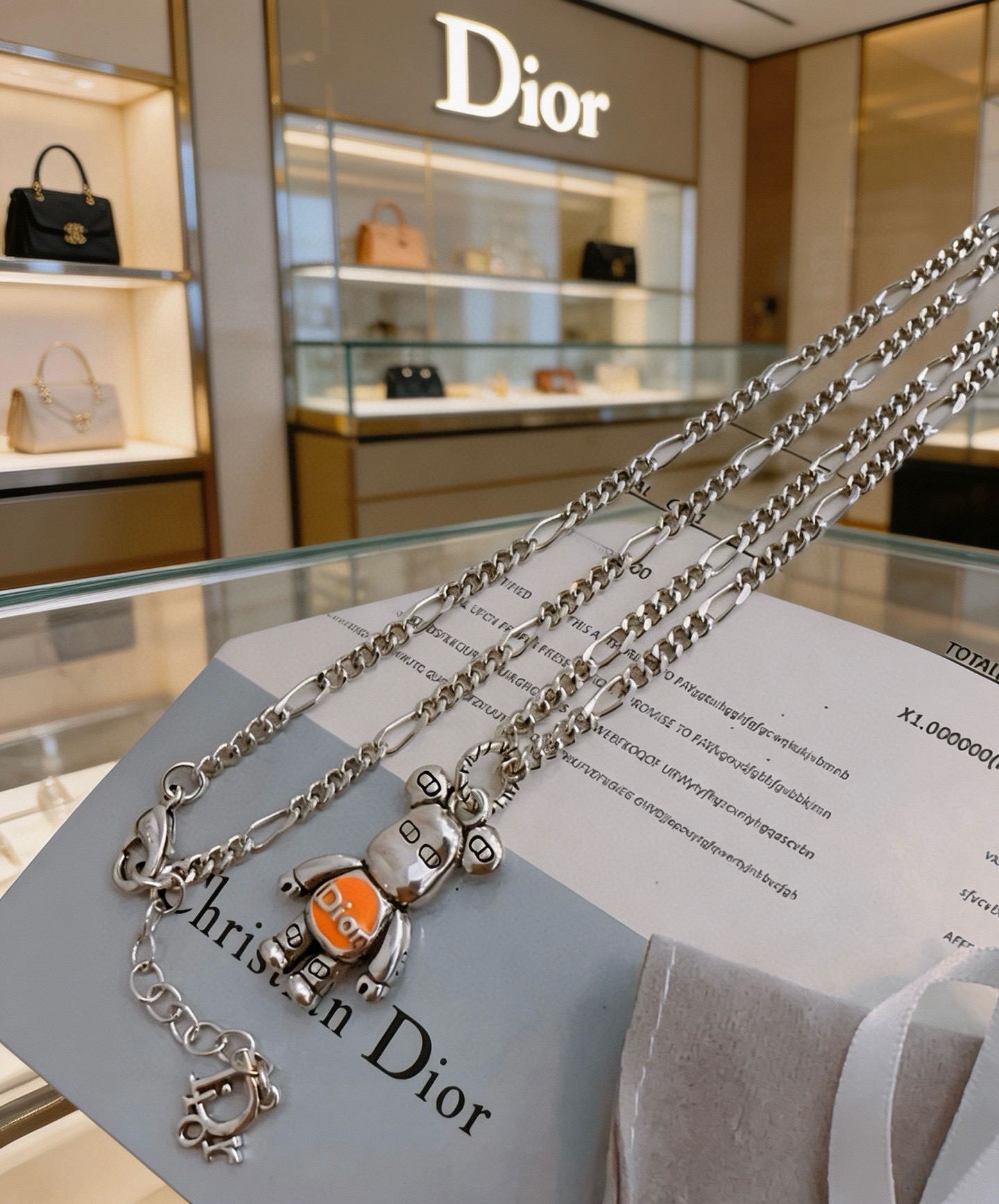 Dior Bearbrick Charm Pendant Necklace necklace Silver-toned metal with orange enamel accent 60cm