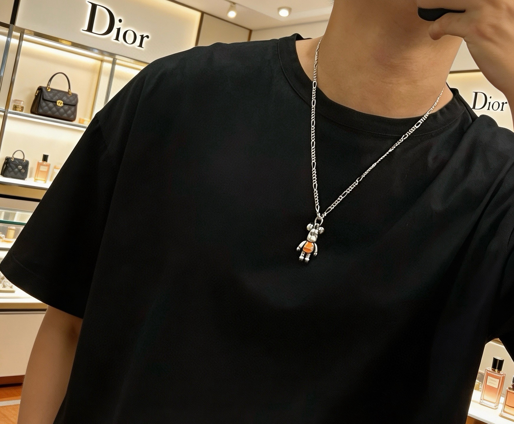 Dior Bearbrick Charm Pendant Necklace necklace Silver-toned metal with orange enamel accent 60cm