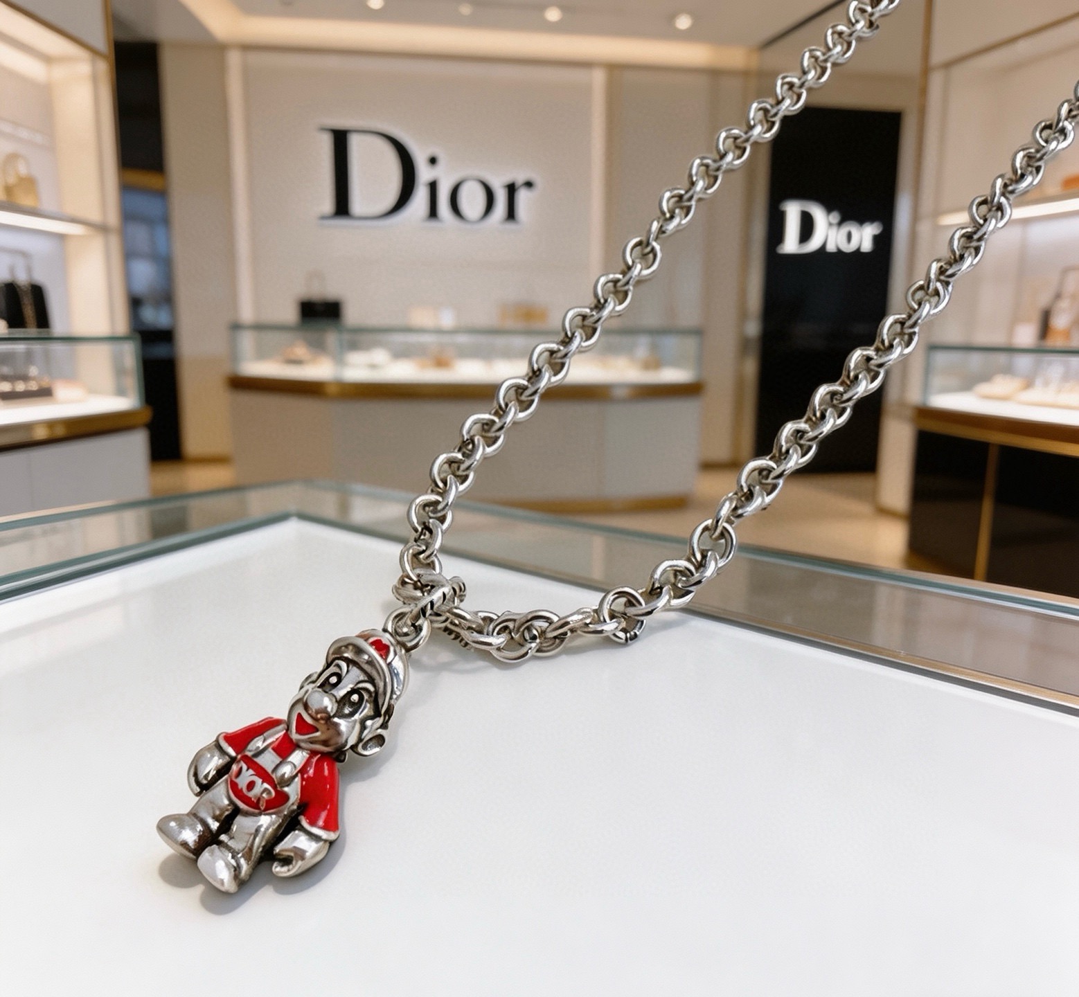 Dior Cartoon Character Pendant Chain Necklace necklace Silver-toned metal with red enamel accents 60cm