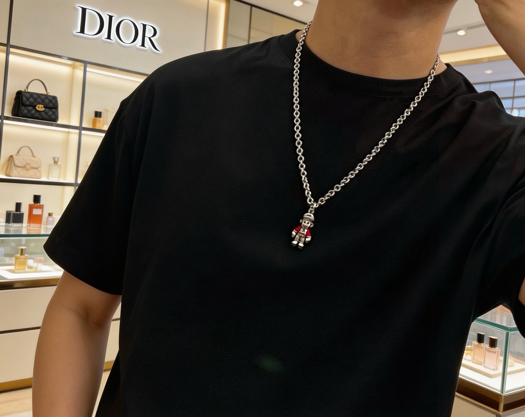 Dior Cartoon Character Pendant Chain Necklace necklace Silver-toned metal with red enamel accents 60cm