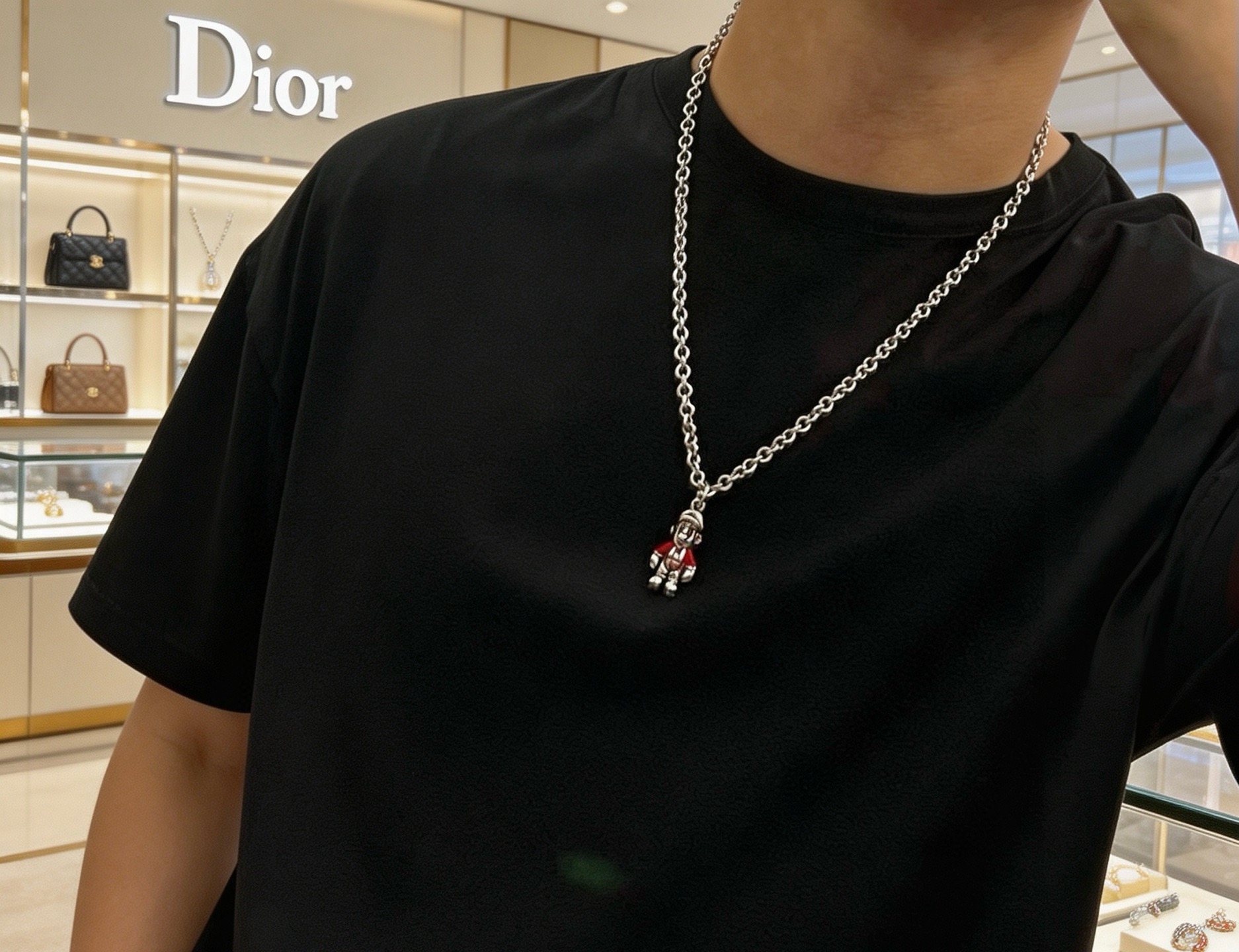 Dior Cartoon Character Pendant Chain Necklace necklace Silver-toned metal with red enamel accents 60cm