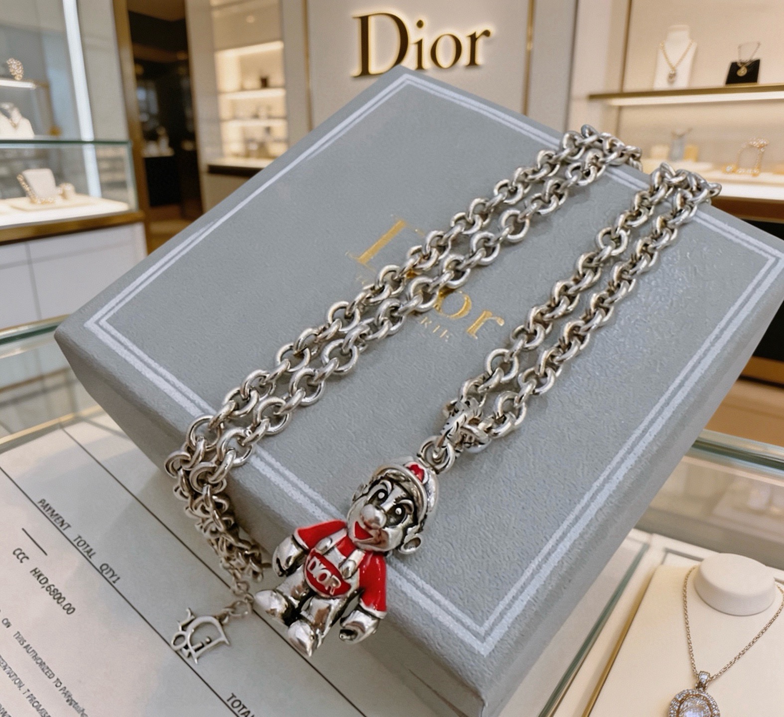 Dior Cartoon Character Pendant Chain Necklace necklace Silver-toned metal with red enamel accents 60cm