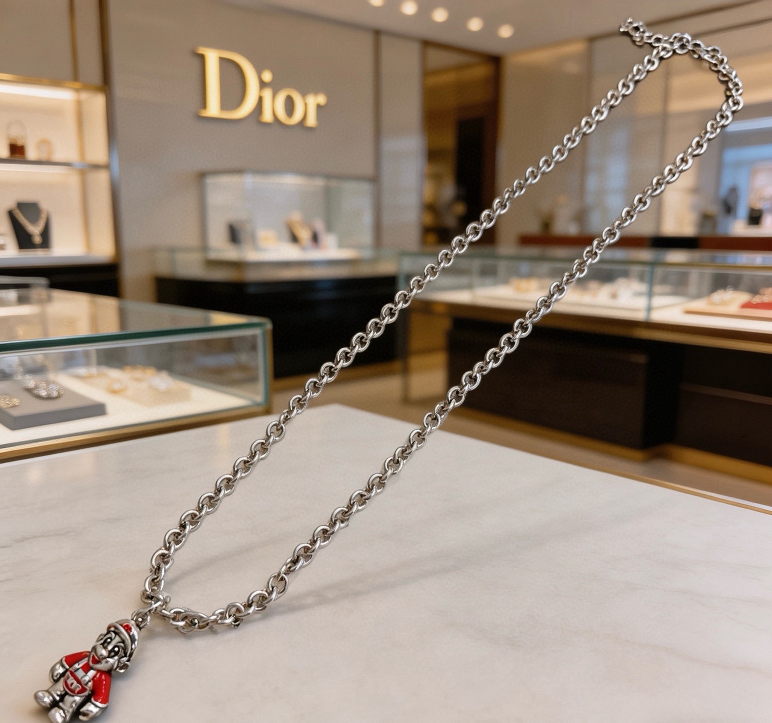 Dior Cartoon Character Pendant Chain Necklace necklace Silver-toned metal with red enamel accents 60cm