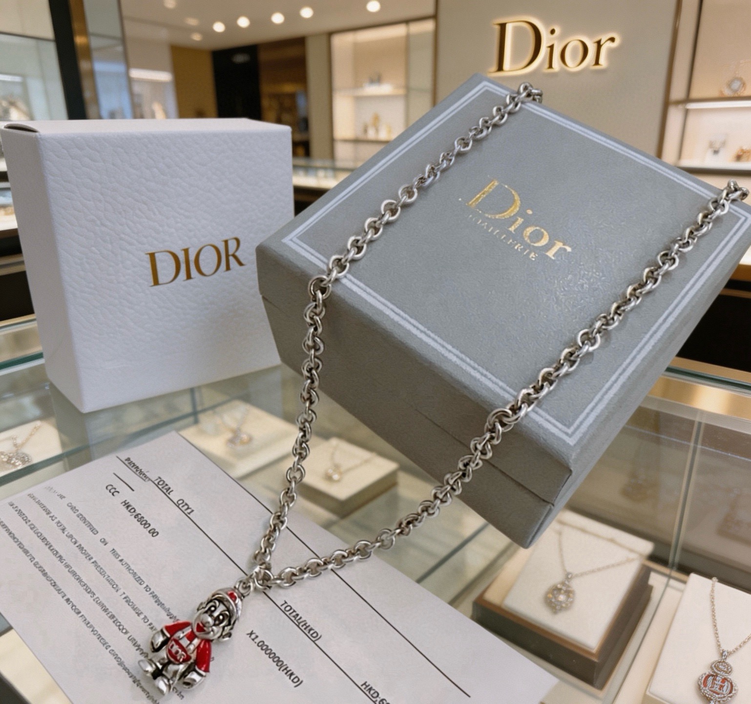 Dior Cartoon Character Pendant Chain Necklace necklace Silver-toned metal with red enamel accents 60cm